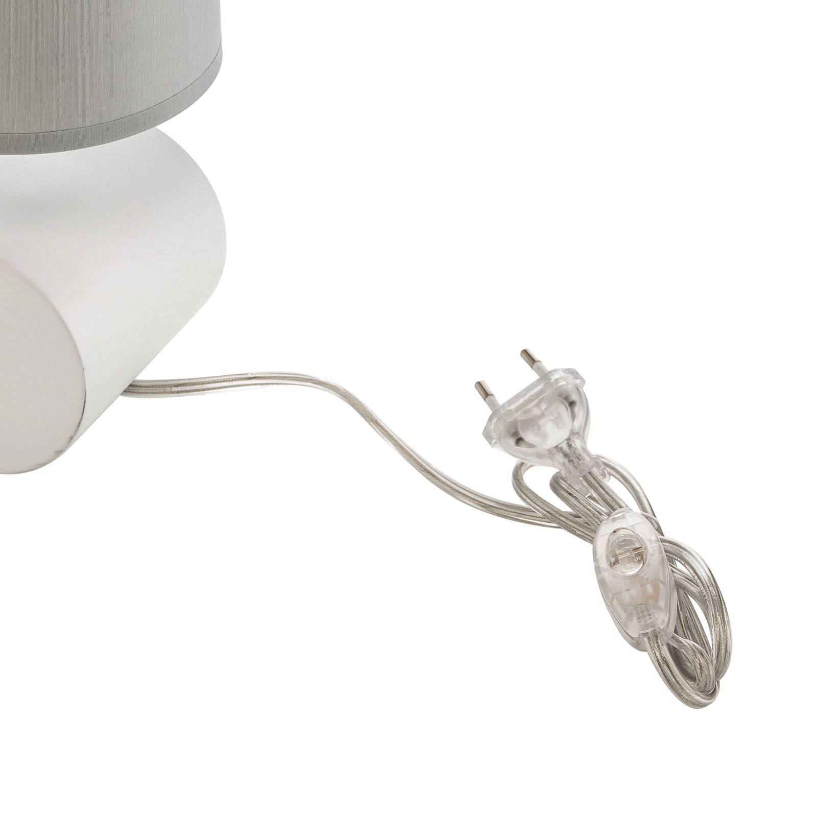 Lampe table Cassy pied blanc, abat-jour tissu gris