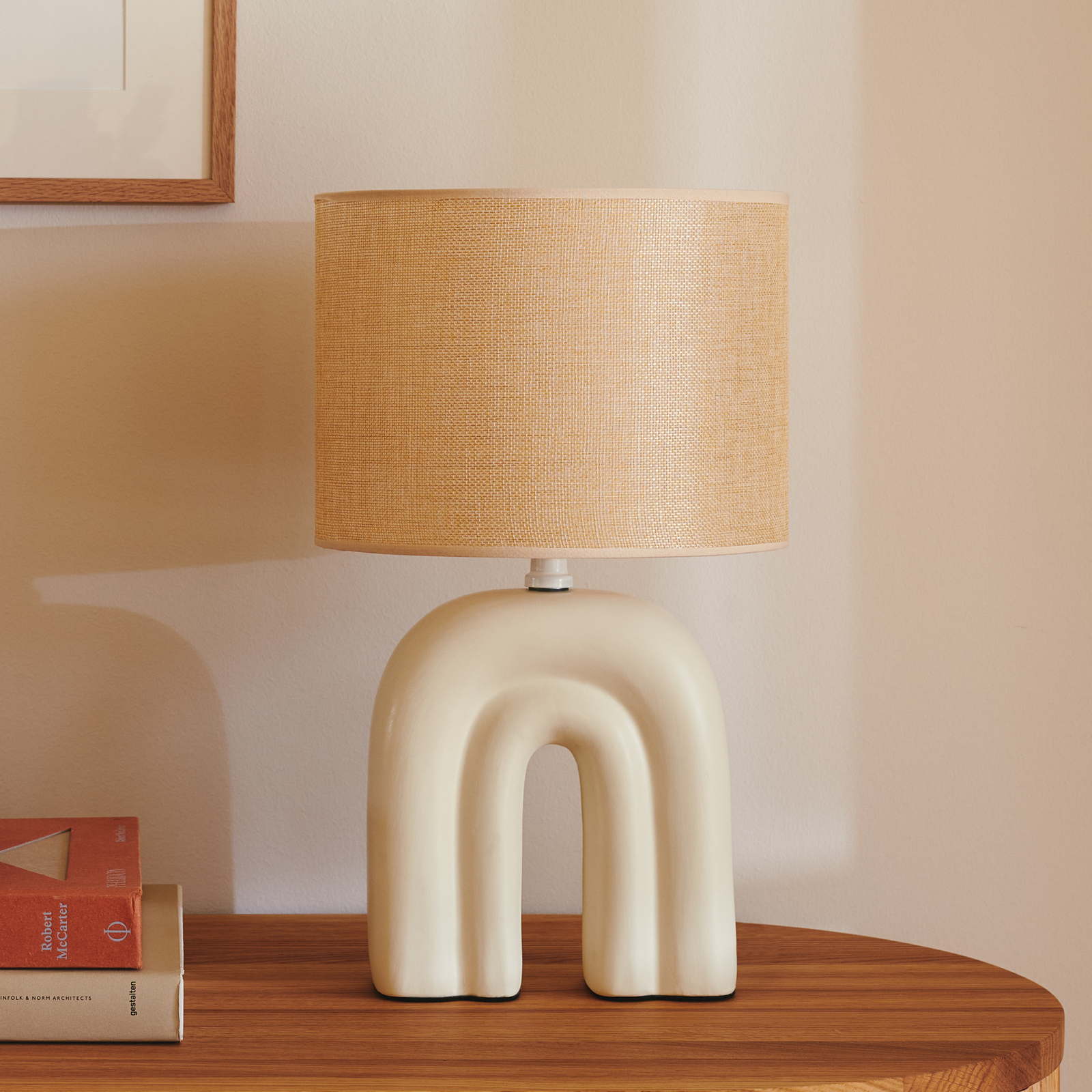 Haze table lamp, ceramic, textile lampshade, beige