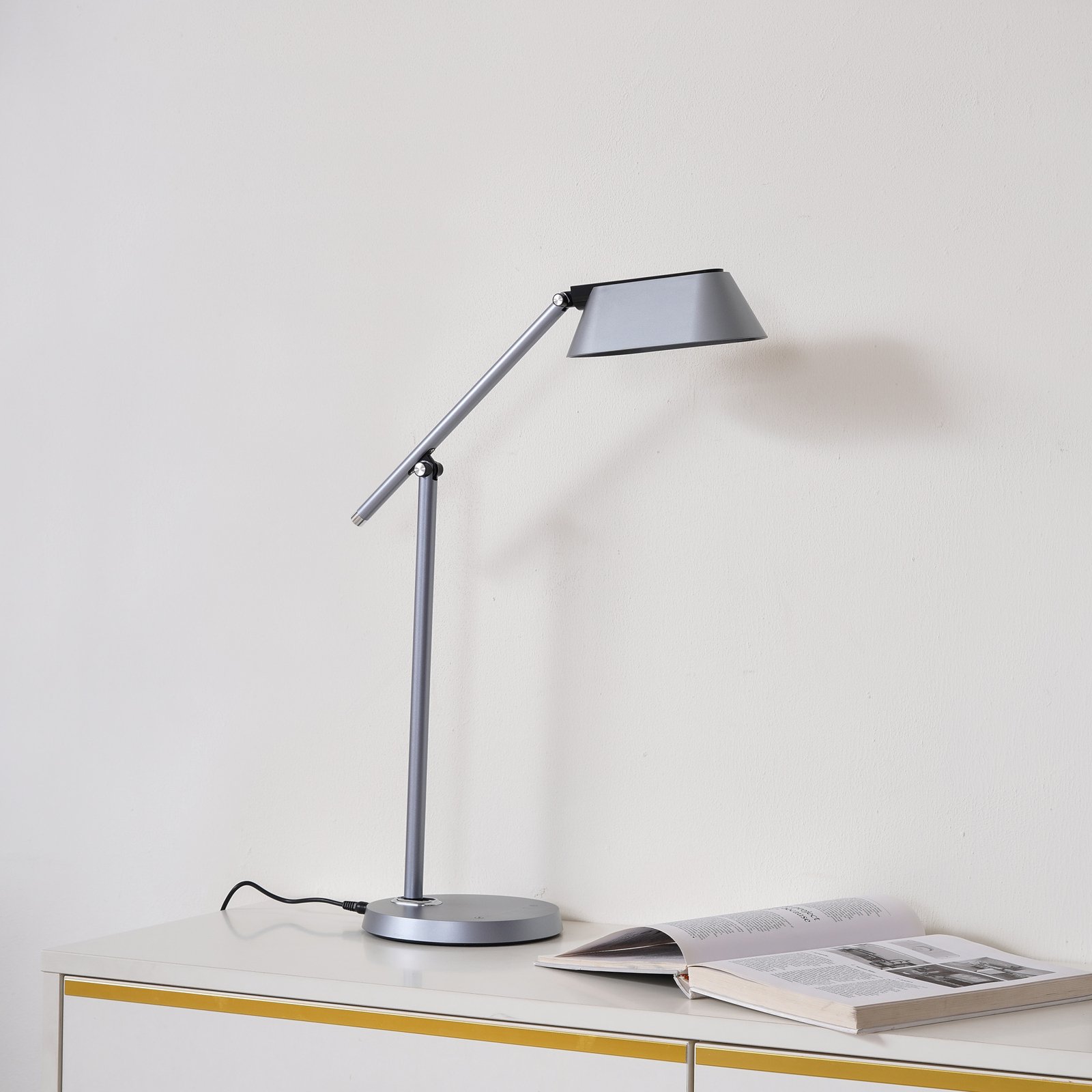 Lindby LED lampă de masă Thies, gri, ABS, înălțime 78cm, dimabil