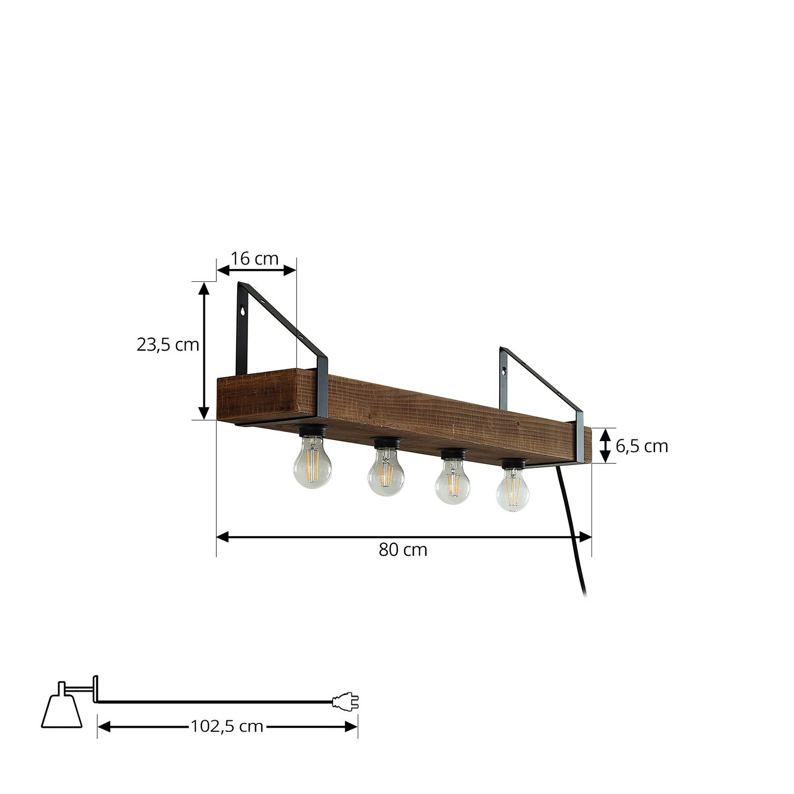 Lindby stenska svetilka Vatana, les, vtič, priključek USB, 80 cm