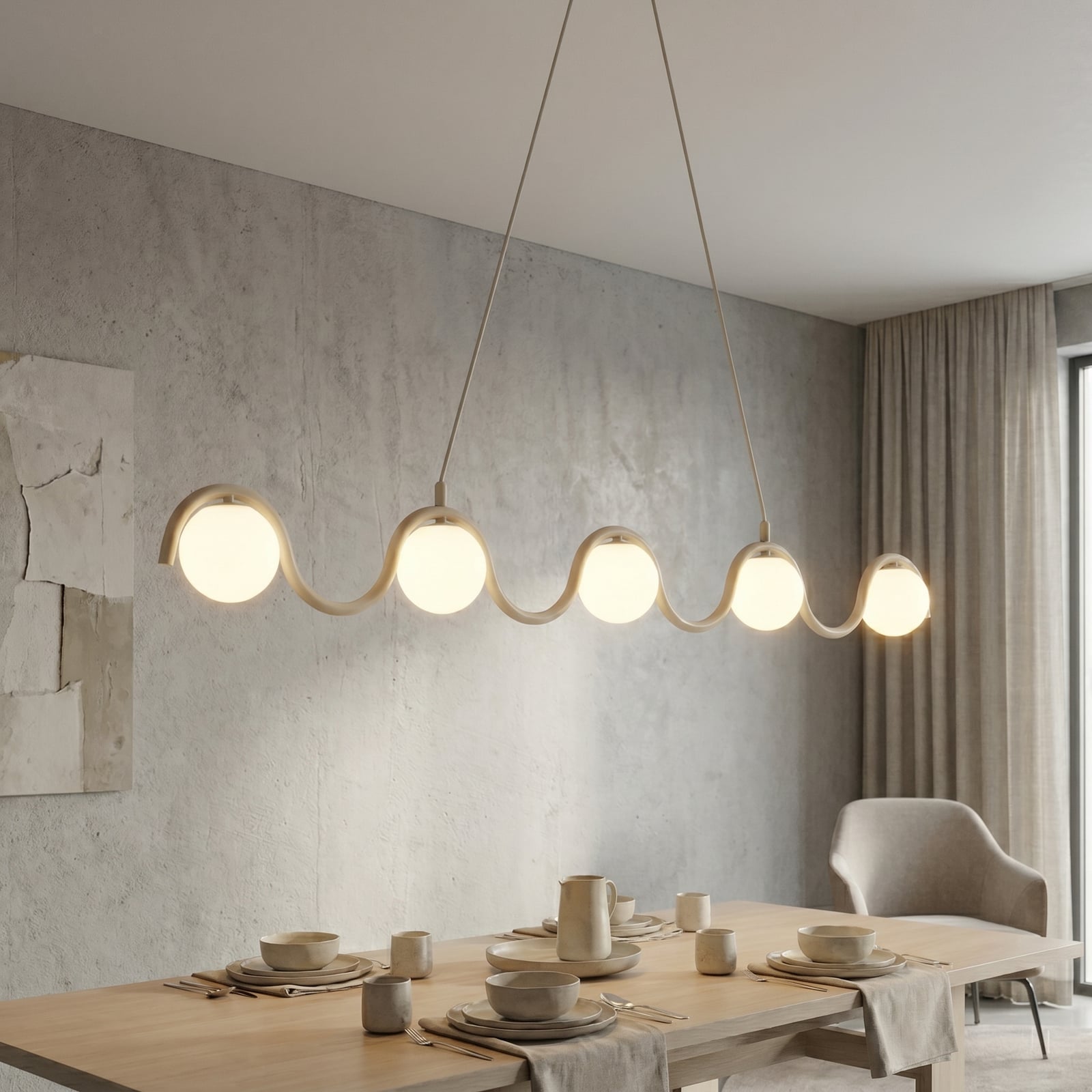 SINUS pendant light, beige, length 110 cm, 5-bulb, metal/glass