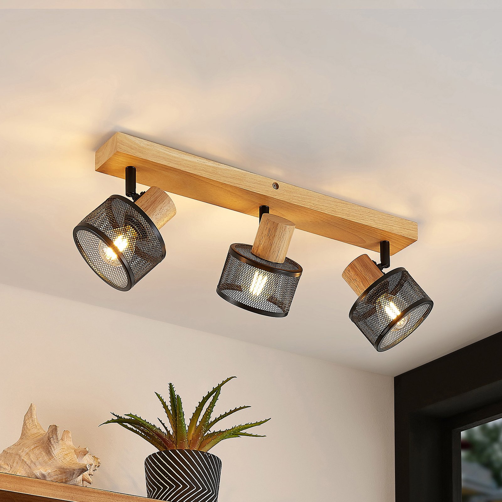 Lindby Evinora ceiling spotlight, wood, 3-bulb