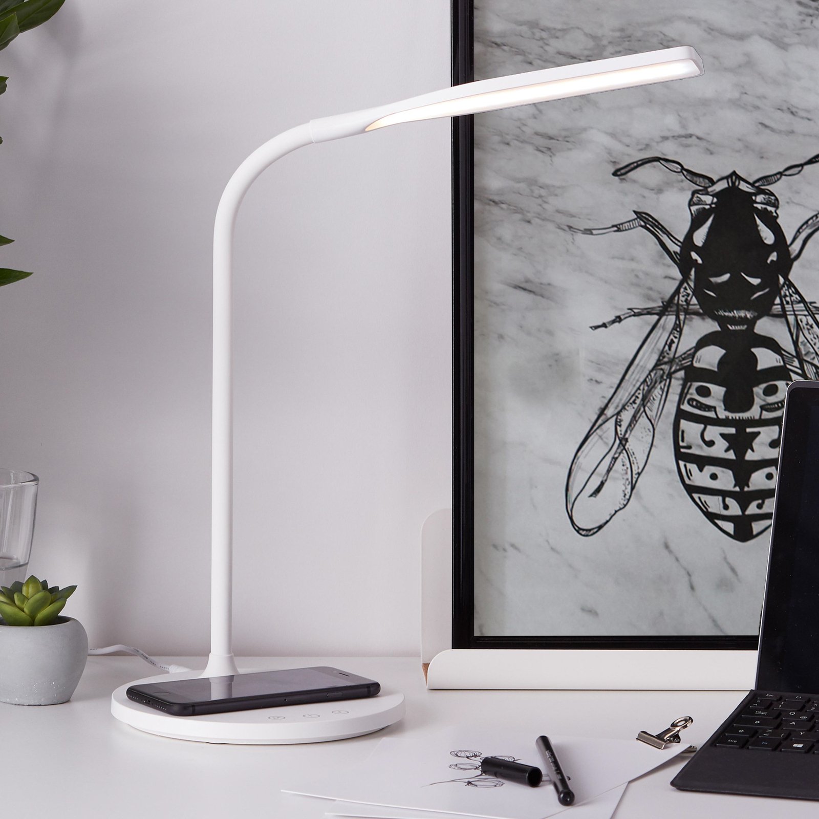 Lampka biurkowa LED Joni, biała, wysokość 34 cm, CCT, ściemniana
