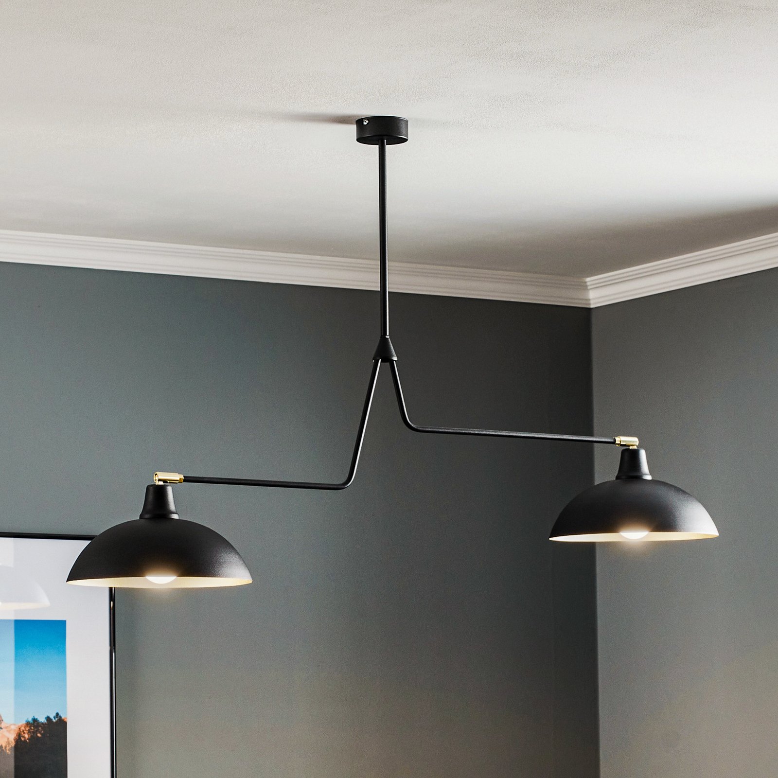 1036 hanging light, two-bulb, black and gold