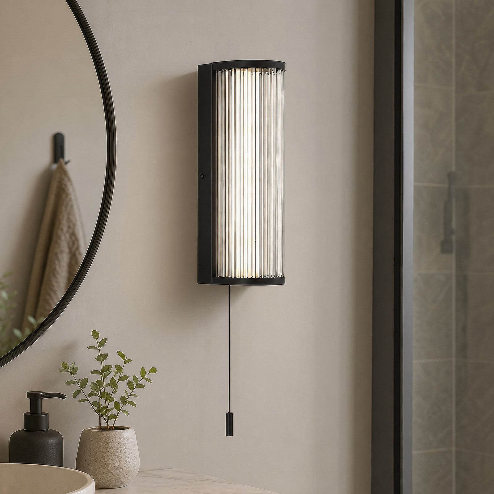 Searchlight LED стенна лампа „Rue“, черна, IP44, метал, стъкло, 3 000 K