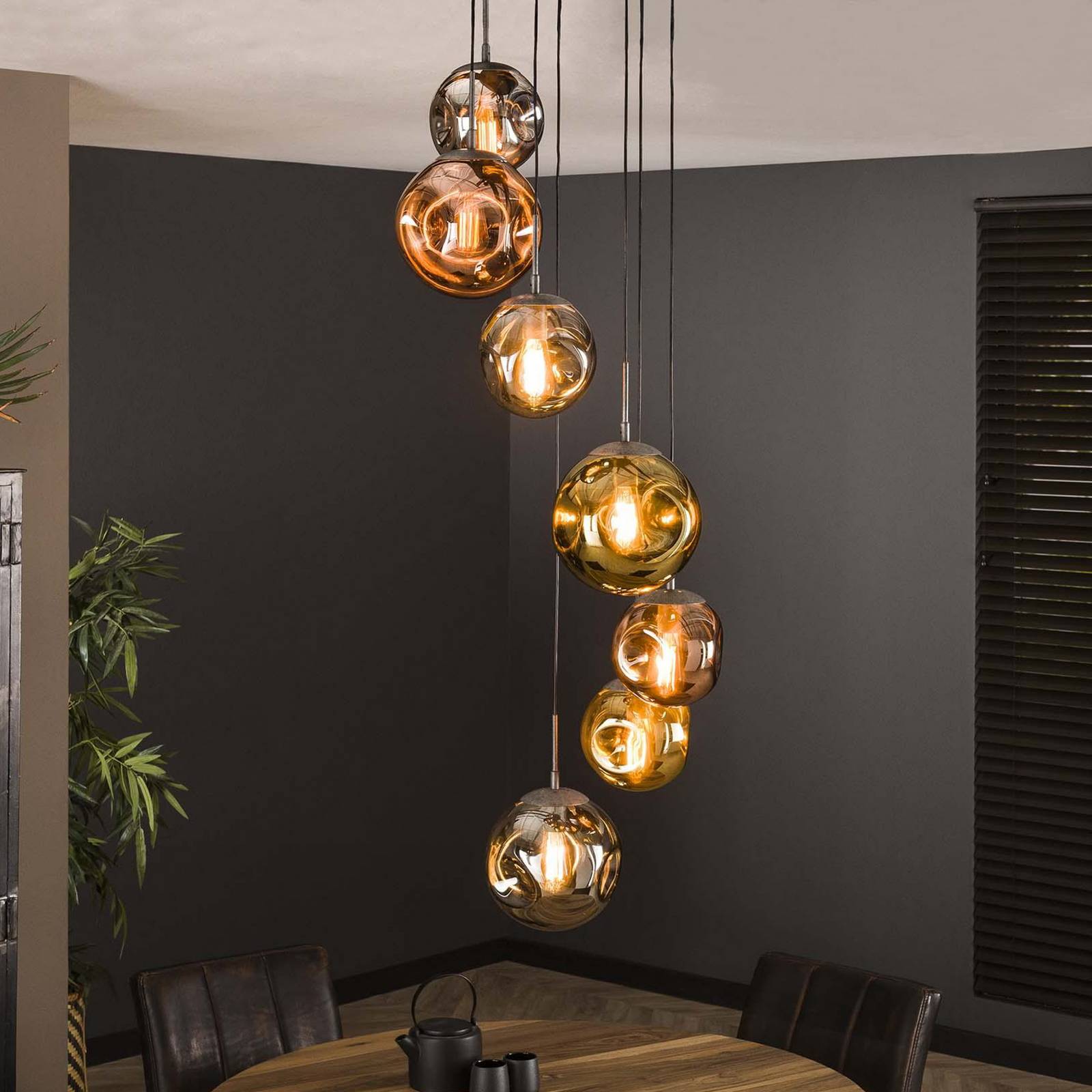 Lampa wisząca Stellar 7-punktowa okrągła, antyczne srebro, wielokolorowe szkło