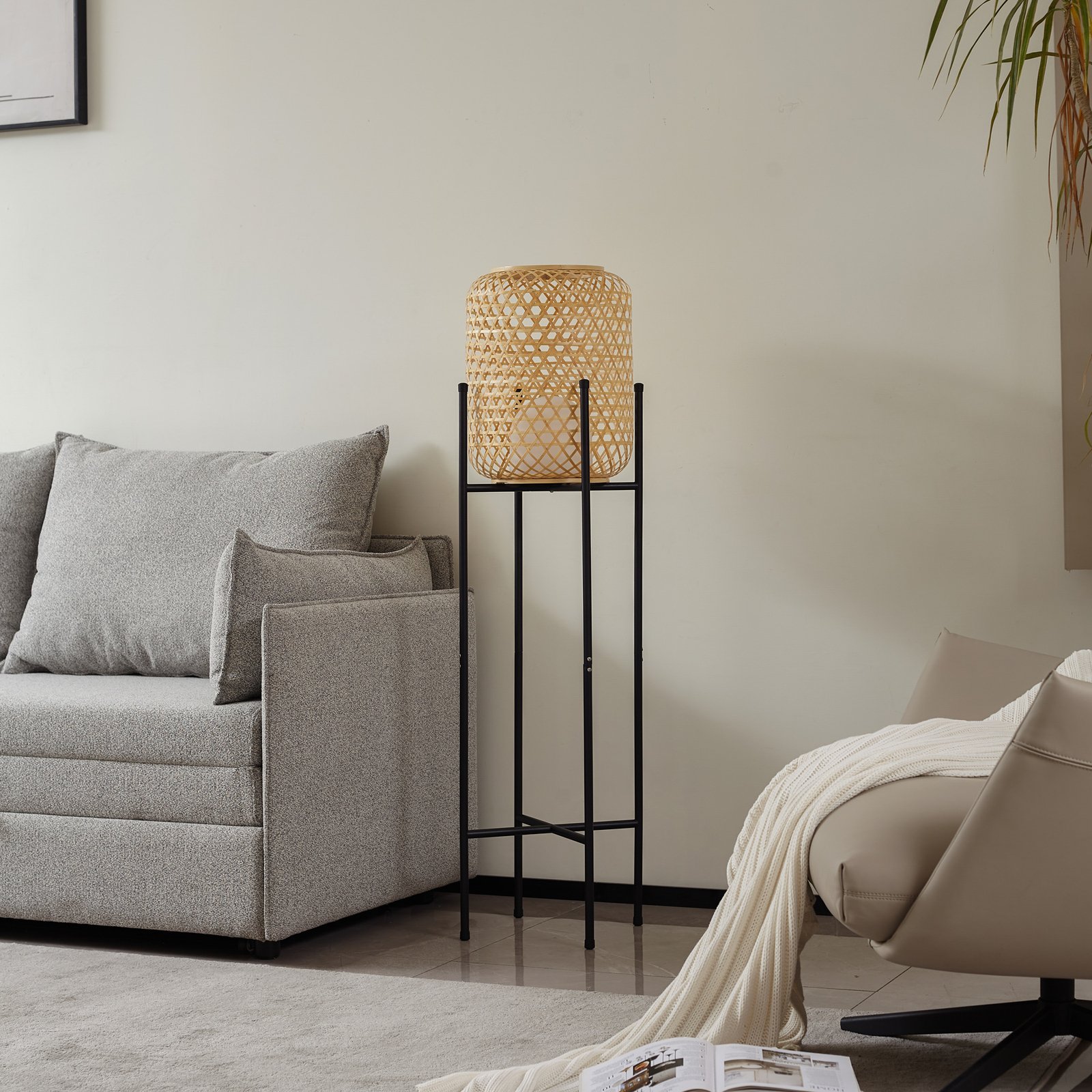 Lucande LED rechargeable floor lamp Adebi, black, bamboo, Ø32.5cm