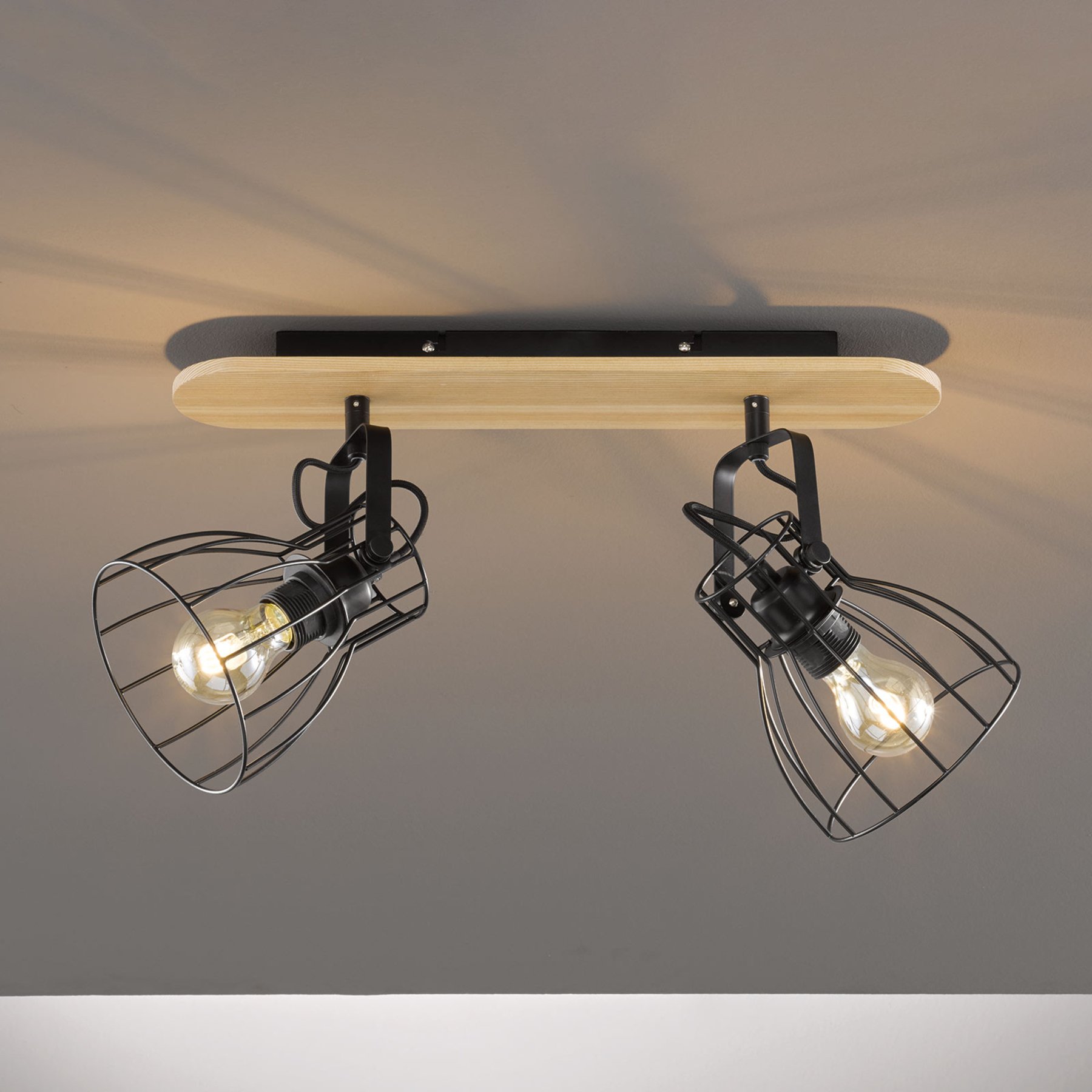 Fischer & Honsel Die ceiling light, wooden look, 2 cage lampshades, for Living / Dining Room, metal, E27, 40 W, energy efficiency: A++, L: 41 cm, W: 16 cm, H: 27 cm