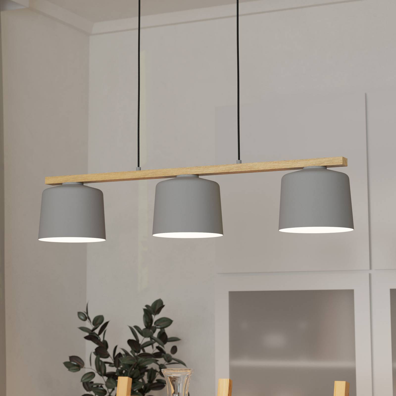 EGLO Suspension Mariel à 3 lampes gris clair bois naturel