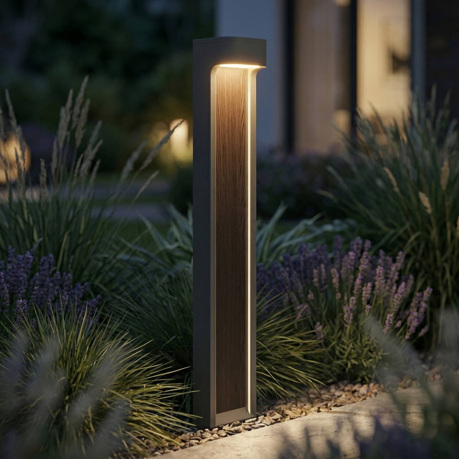 Lucande LED-Wegeleuchte Meta, Metall, Holz Inlay, 100 cm