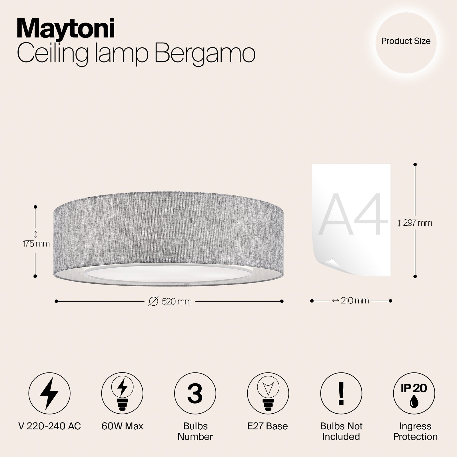 Maytoni plafonnier Bergamo, gris/blanc, lin, Ø 52 cm