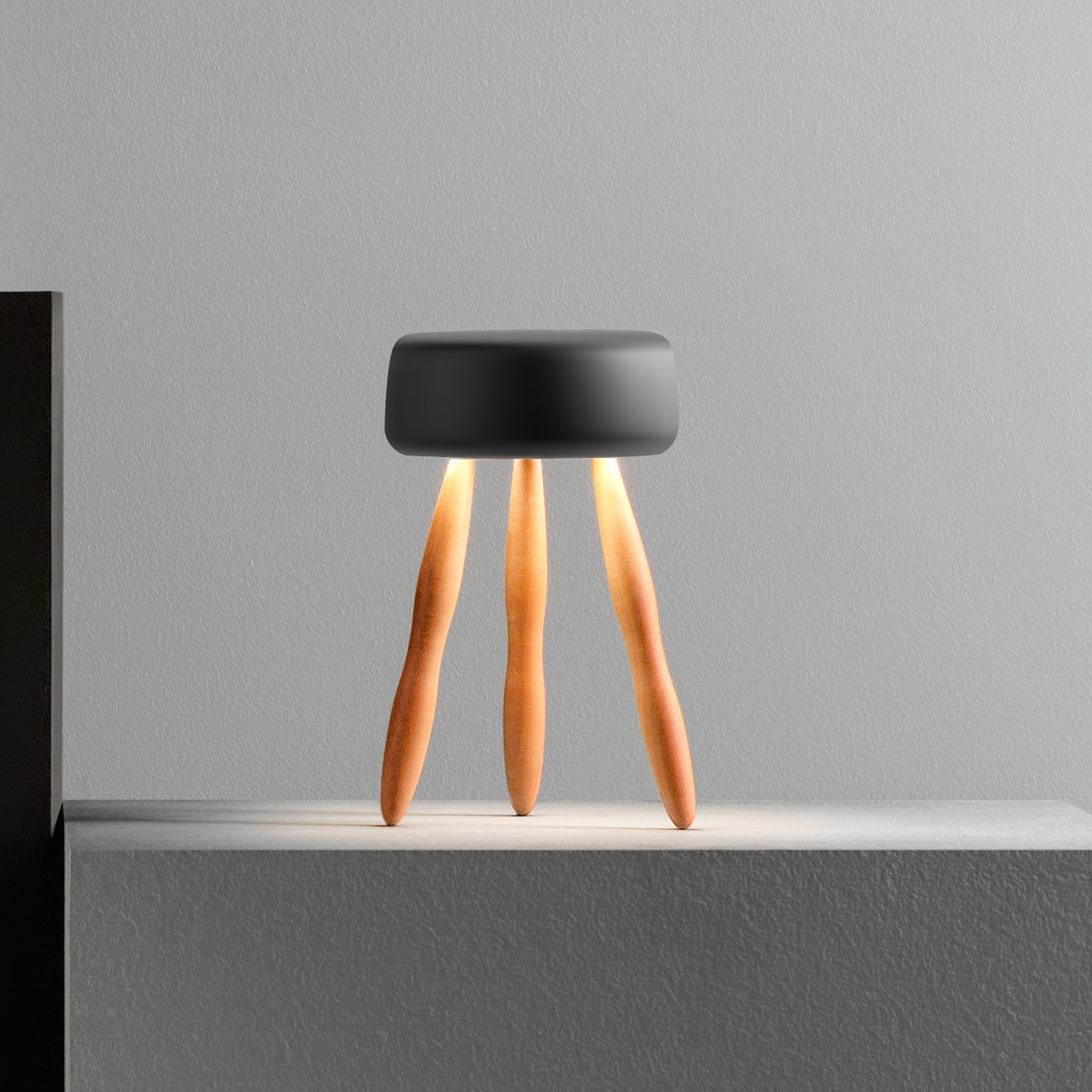 OLEV Drum -design-pöytälamppu, akku, puu/musta