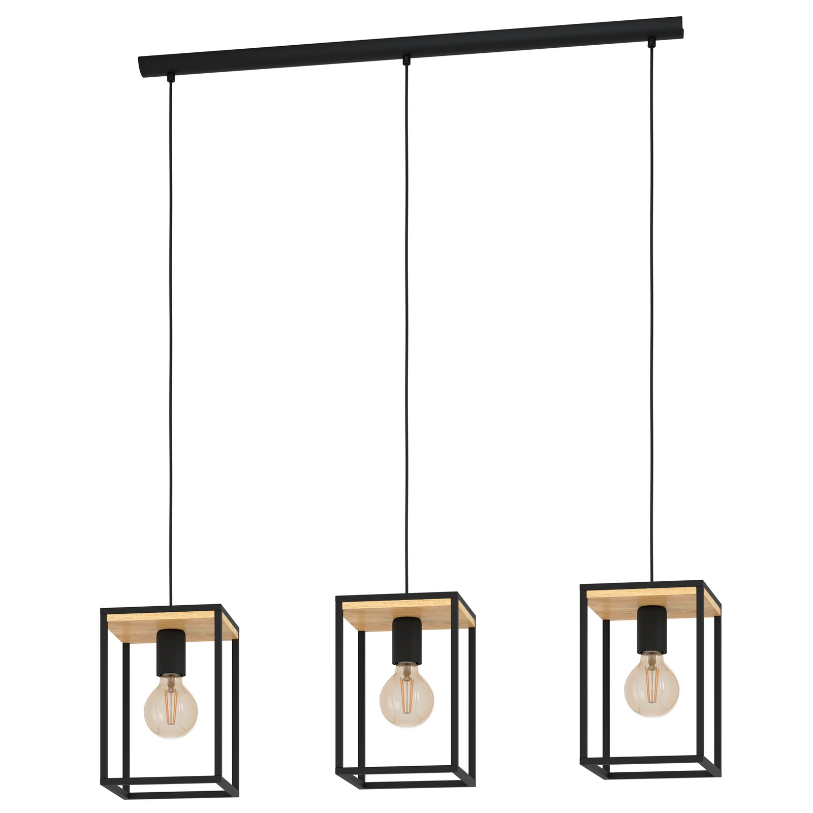 Lampada a sospensione Libertad, lunghezza 88 cm, nero/legno, a 3 luci.