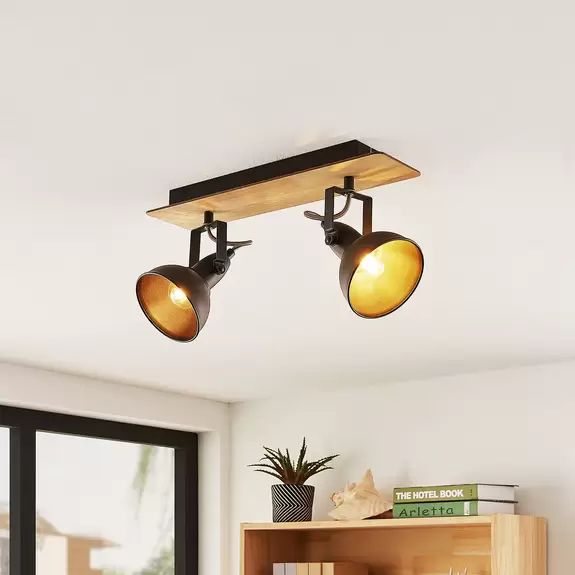 Lampenwelt Lindby Aylis Deckenlampe, 2-flg., 40 cm, schwarz, Holz, E14