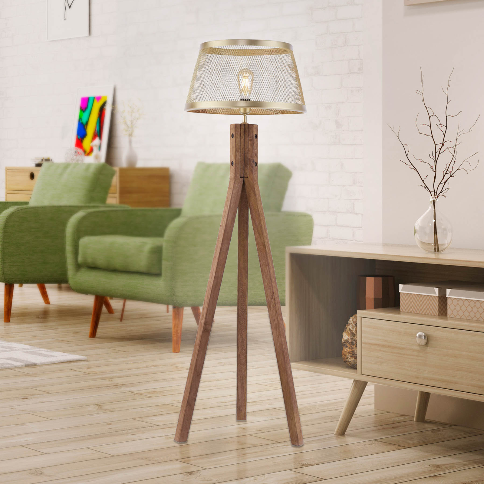 Lampa podłogowa Frederik z drewna, trójnóg