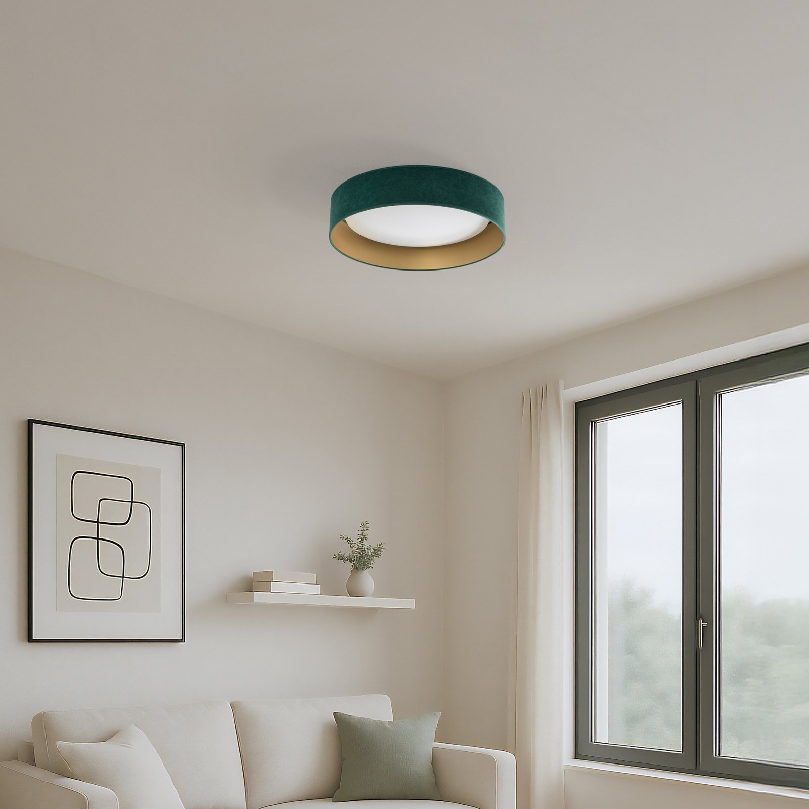 Plafoniera LED Plafond, velluto verde, Ø 45 cm, dimmerabile a 3 livelli
