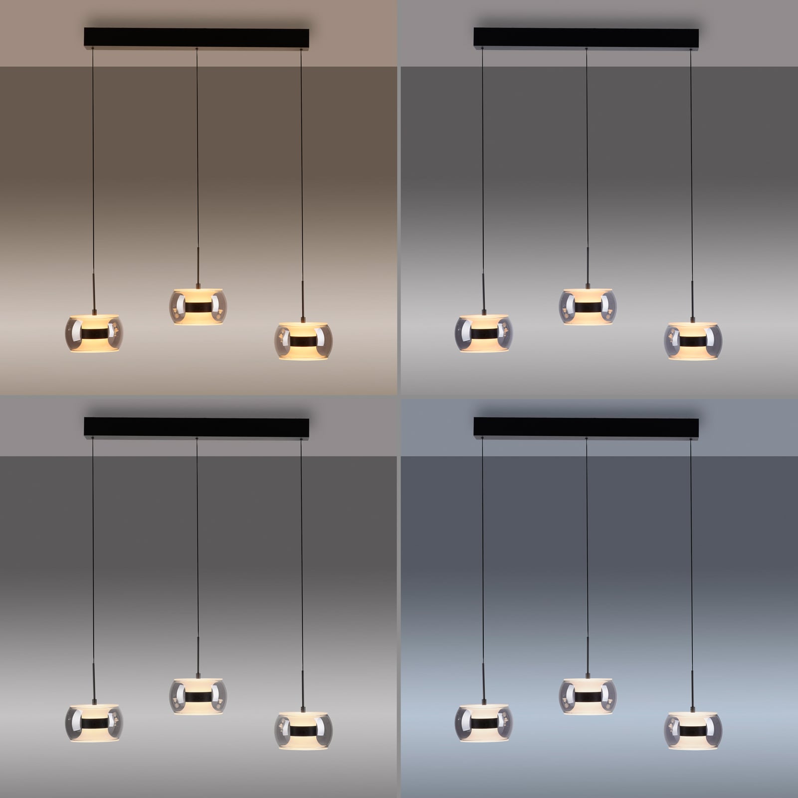 LED piekaramā lampa „Fumea“, garums 71 cm, melna/dūmu krāsā, stikls, CCT, 3 LED piekaramā lampa „Fumea“, garums 71 cm, melna/dūmu krāsā, stikls, CCT, 3