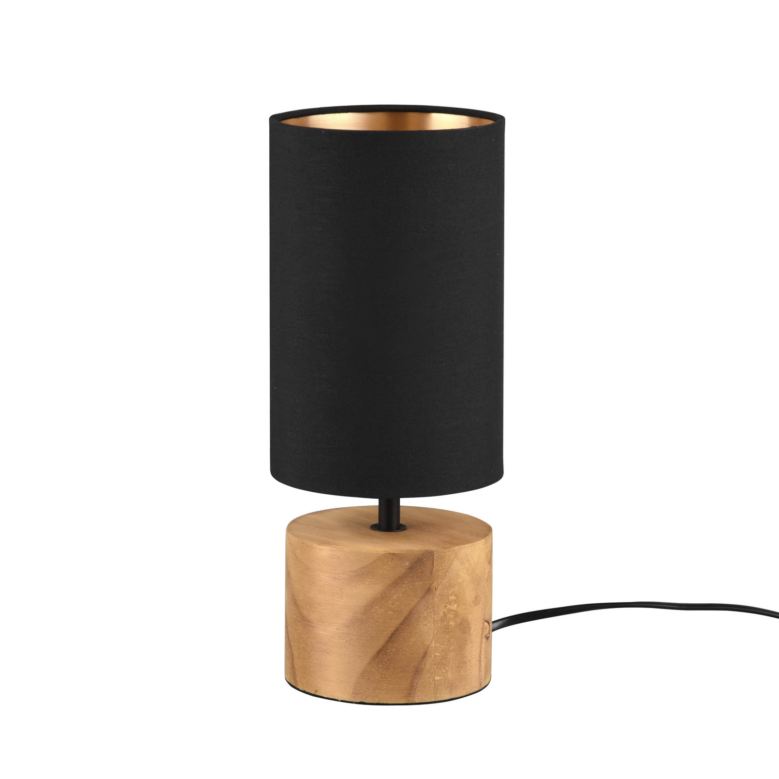 Tafellamp Woody, hout/textiel, cilinder, zwart
