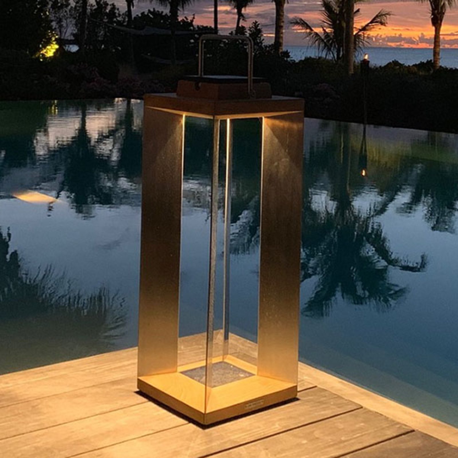 Teckinox LED solar lantern, teak/steel, 65.5cm