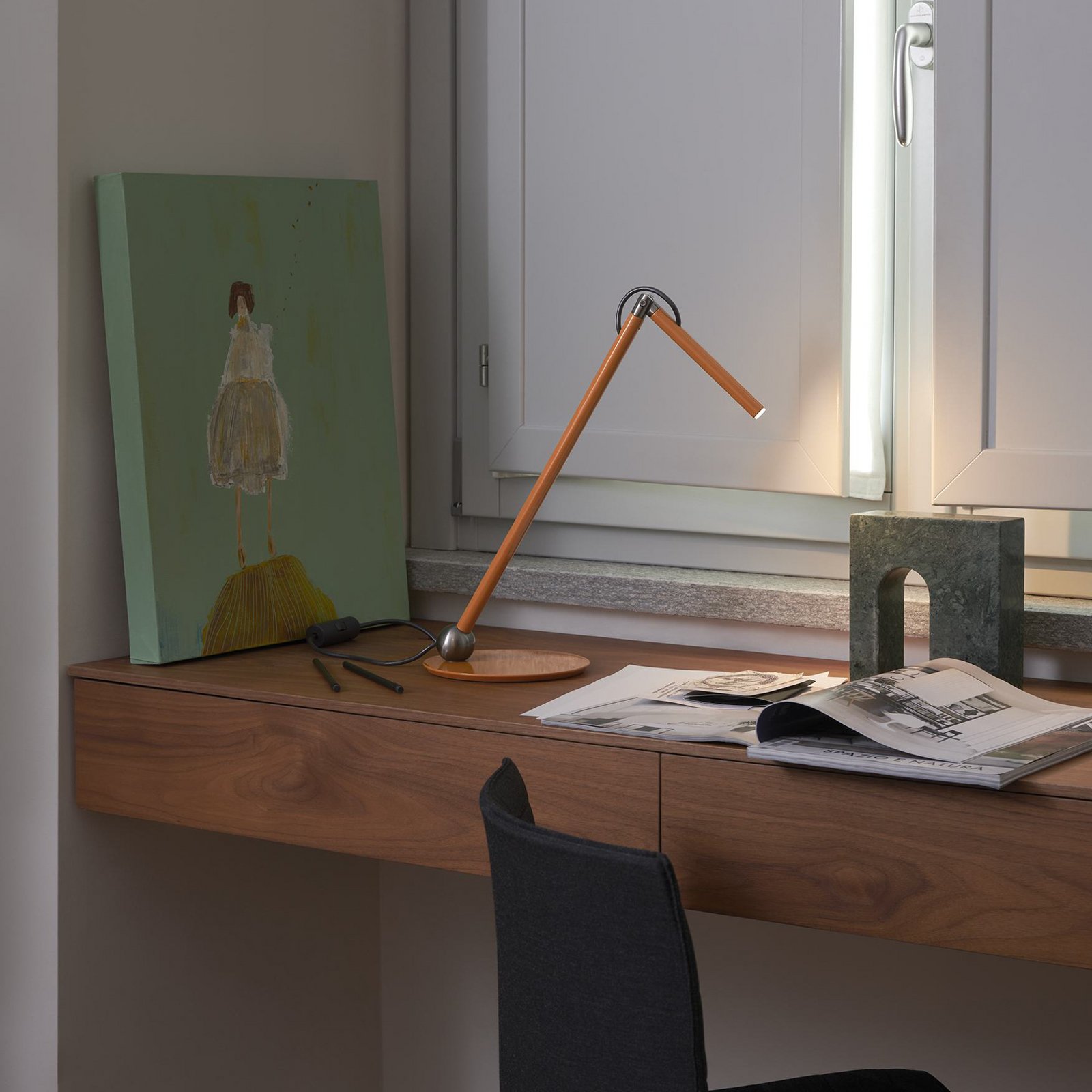 Oluce LED table lamp Calamaio, mustard yellow, metal, height 37 cm