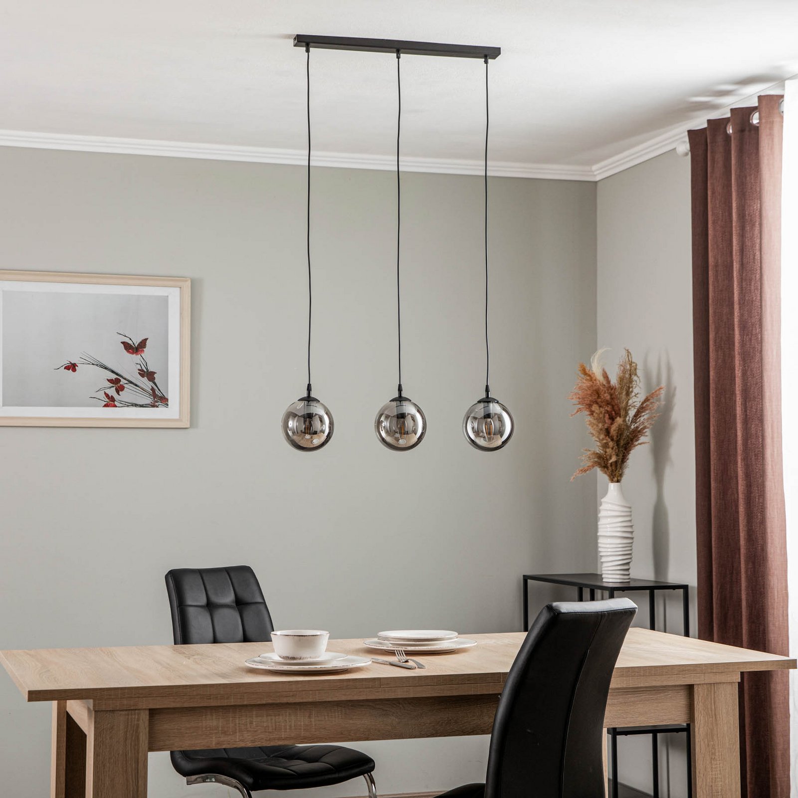 Glassy pendant light, 3-bulb, straight, black, graphite, glass