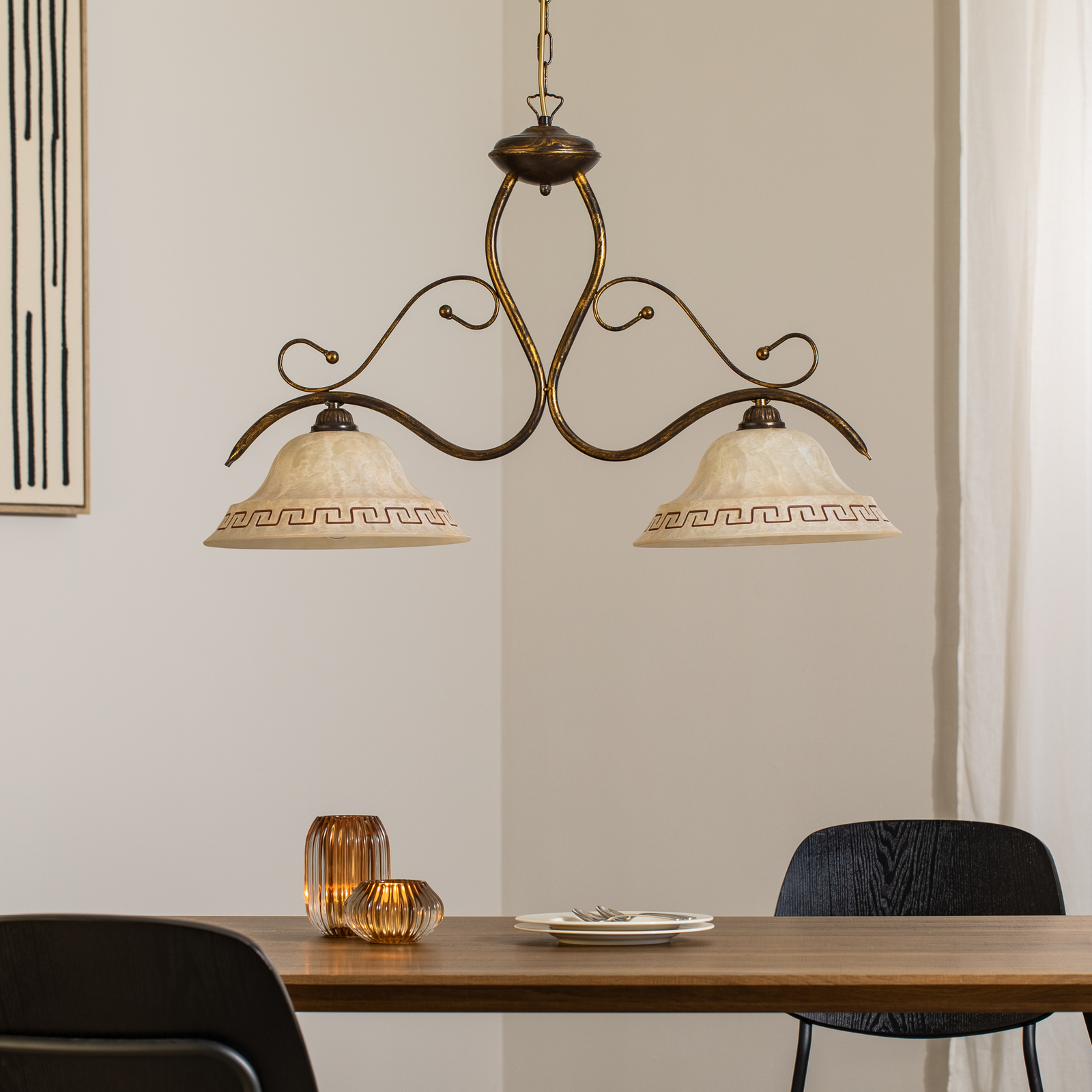 Hængelampe BILIARDO GIORGIO, creme/bronze, glas/jern 2 lyskilder.
