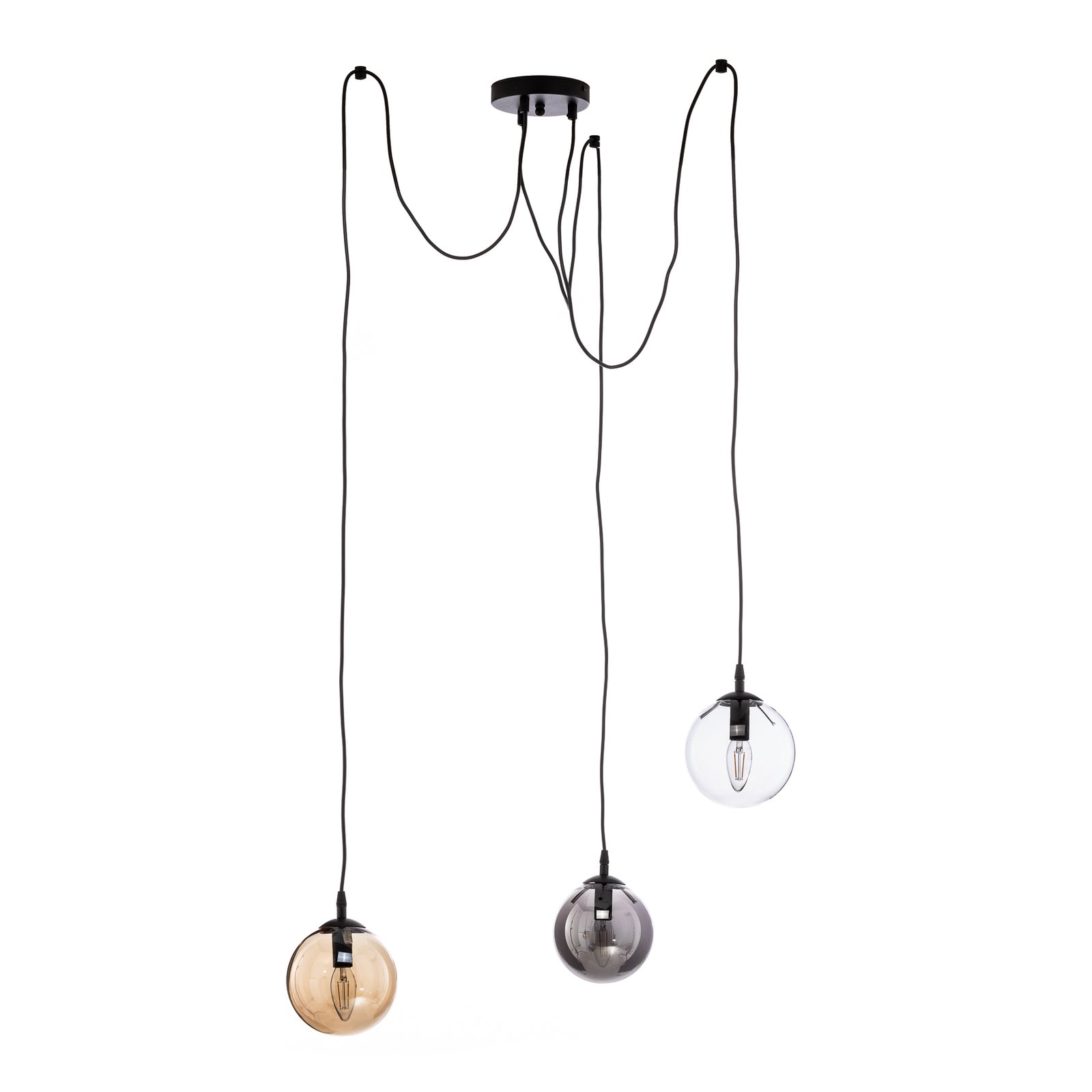 Glassy pendant light, 3-bulb, decentralised, graphite/amber/clear
