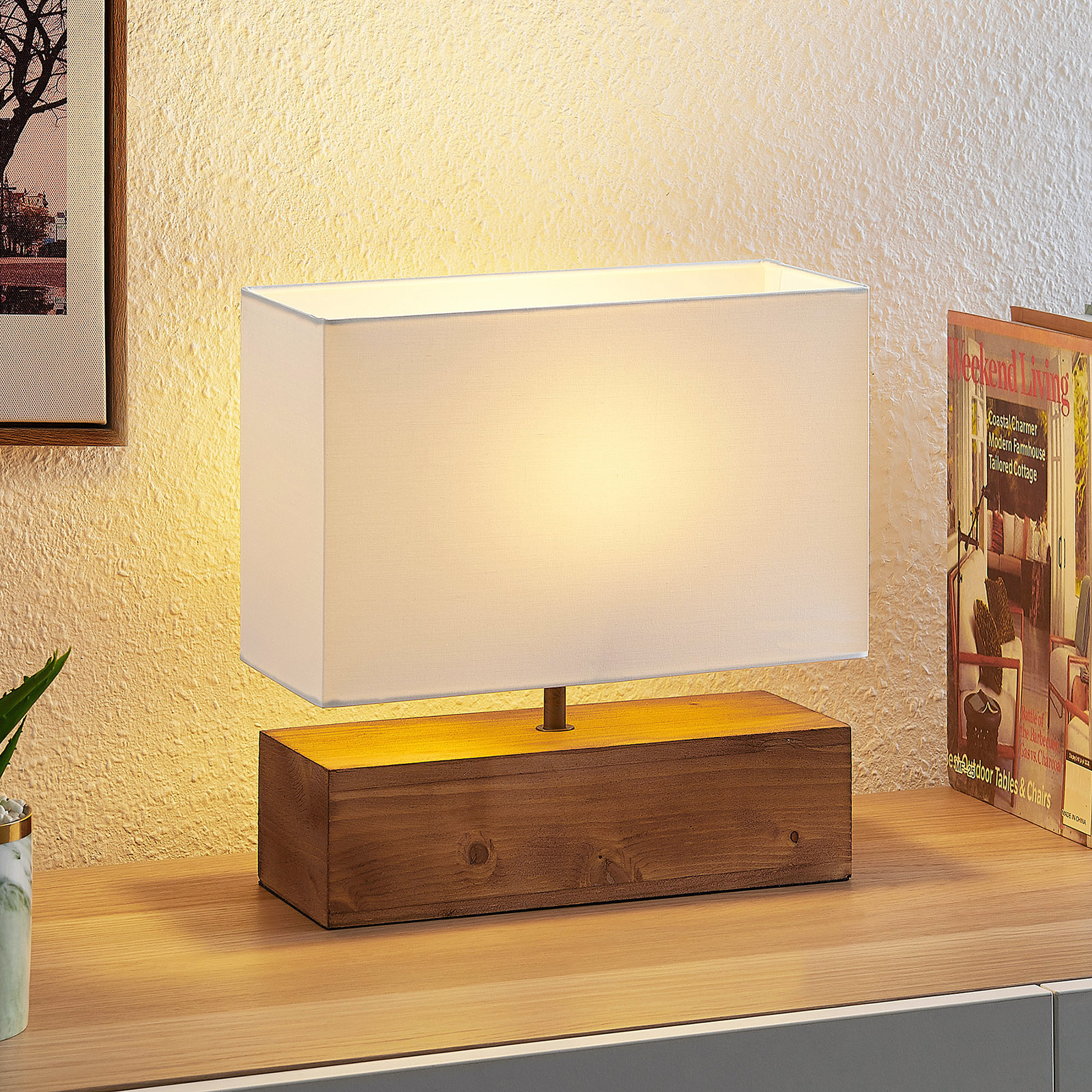 werk lade Advertentie Lindby Arbin tafellamp met houten voet rechthoekig | Lampen24.be