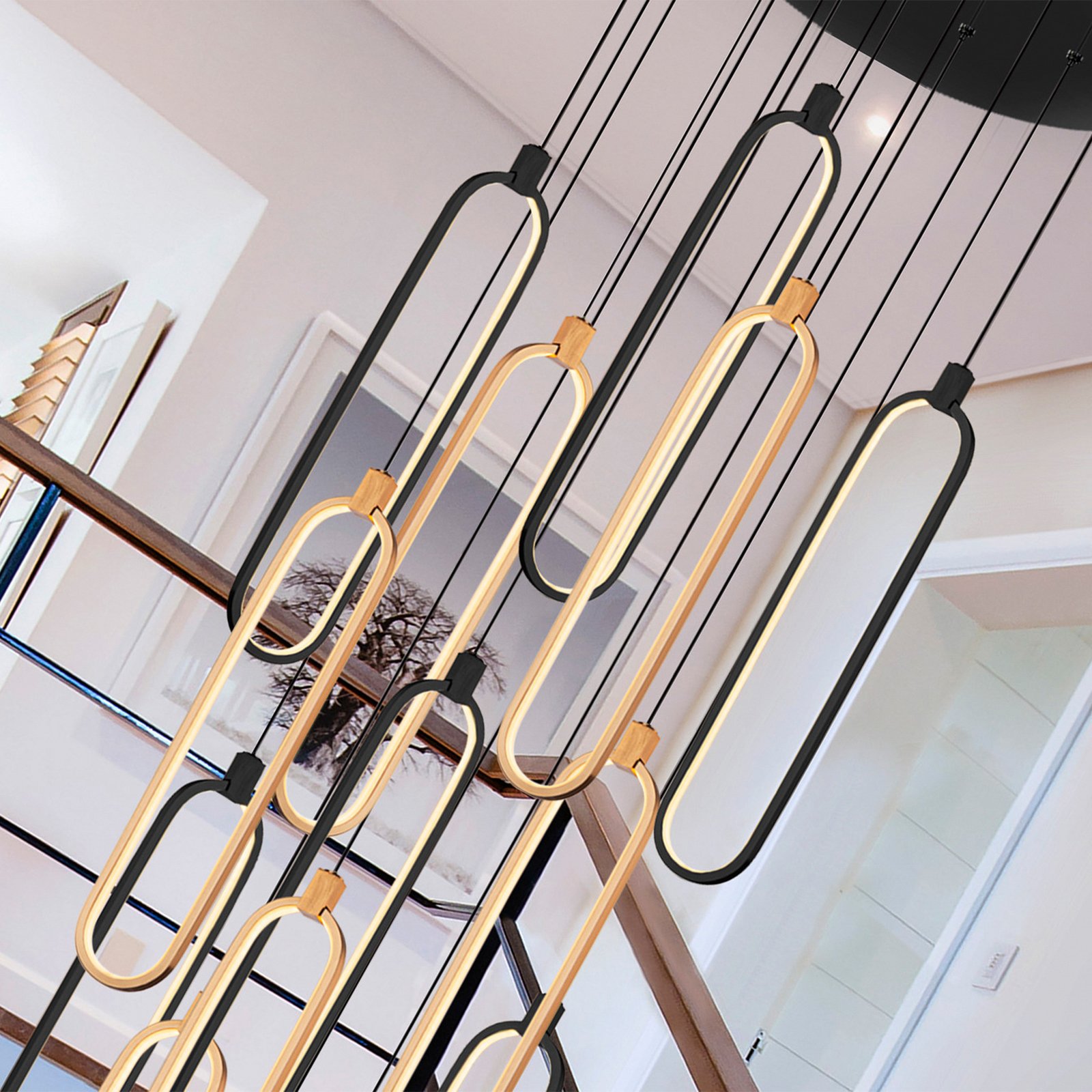 Colette LED pendant light, 14 lights, black/rose gold, round