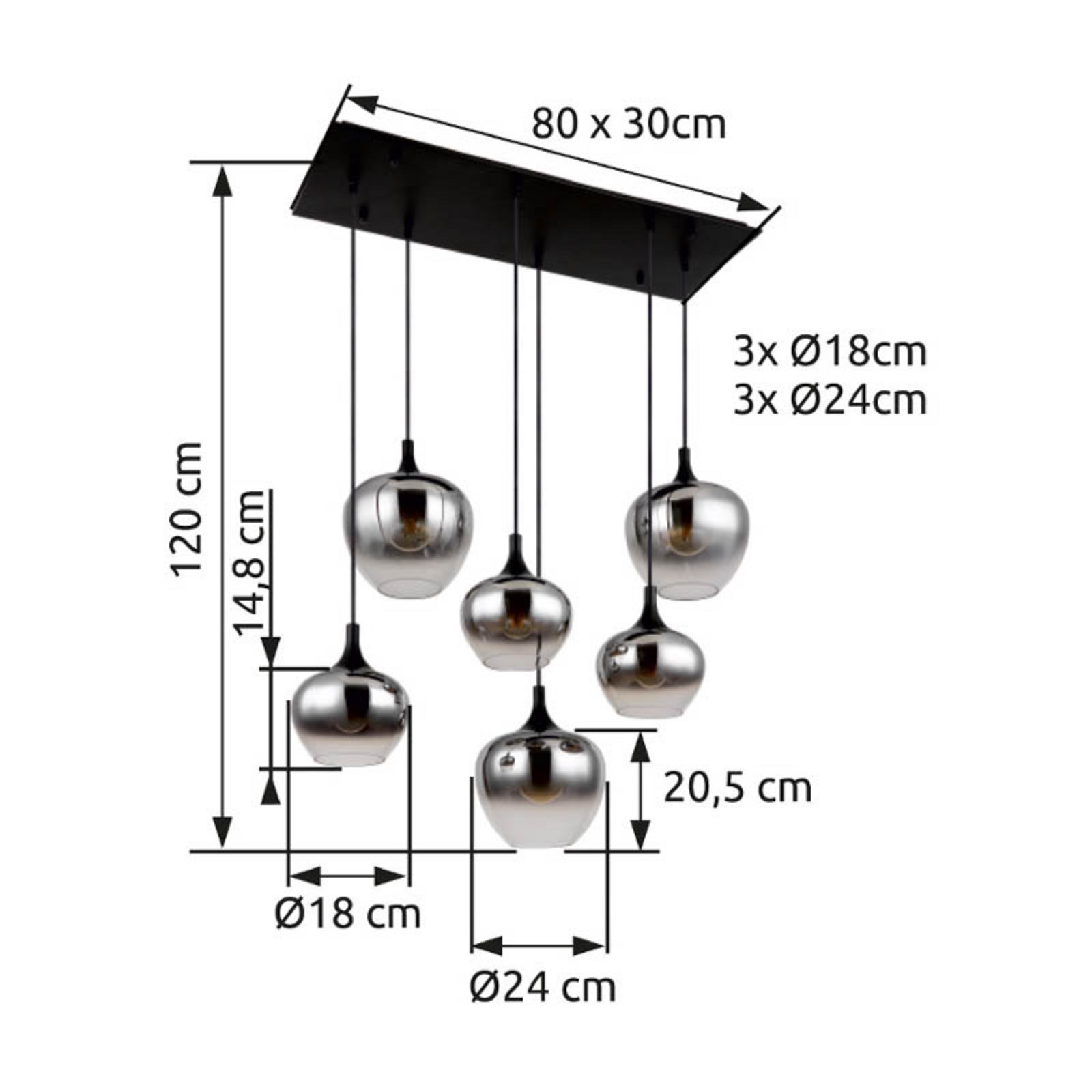 Lampa wisząca Maxy, długość 86 cm, dymny szary, szkło, 6-punktowa.