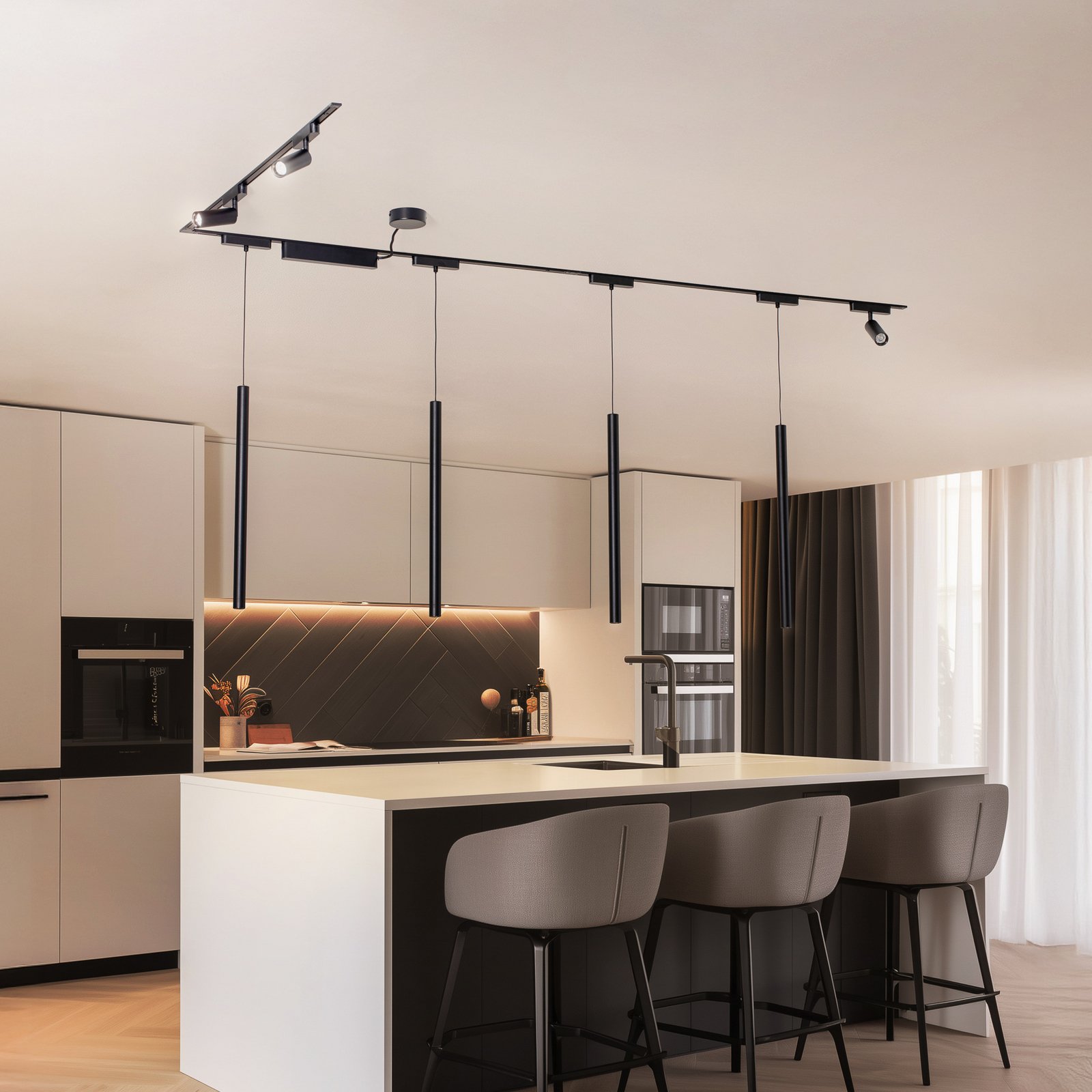 Système de lampes sur rail Lumaro,spots,suspension,7 lampes,noir,48V,variateur