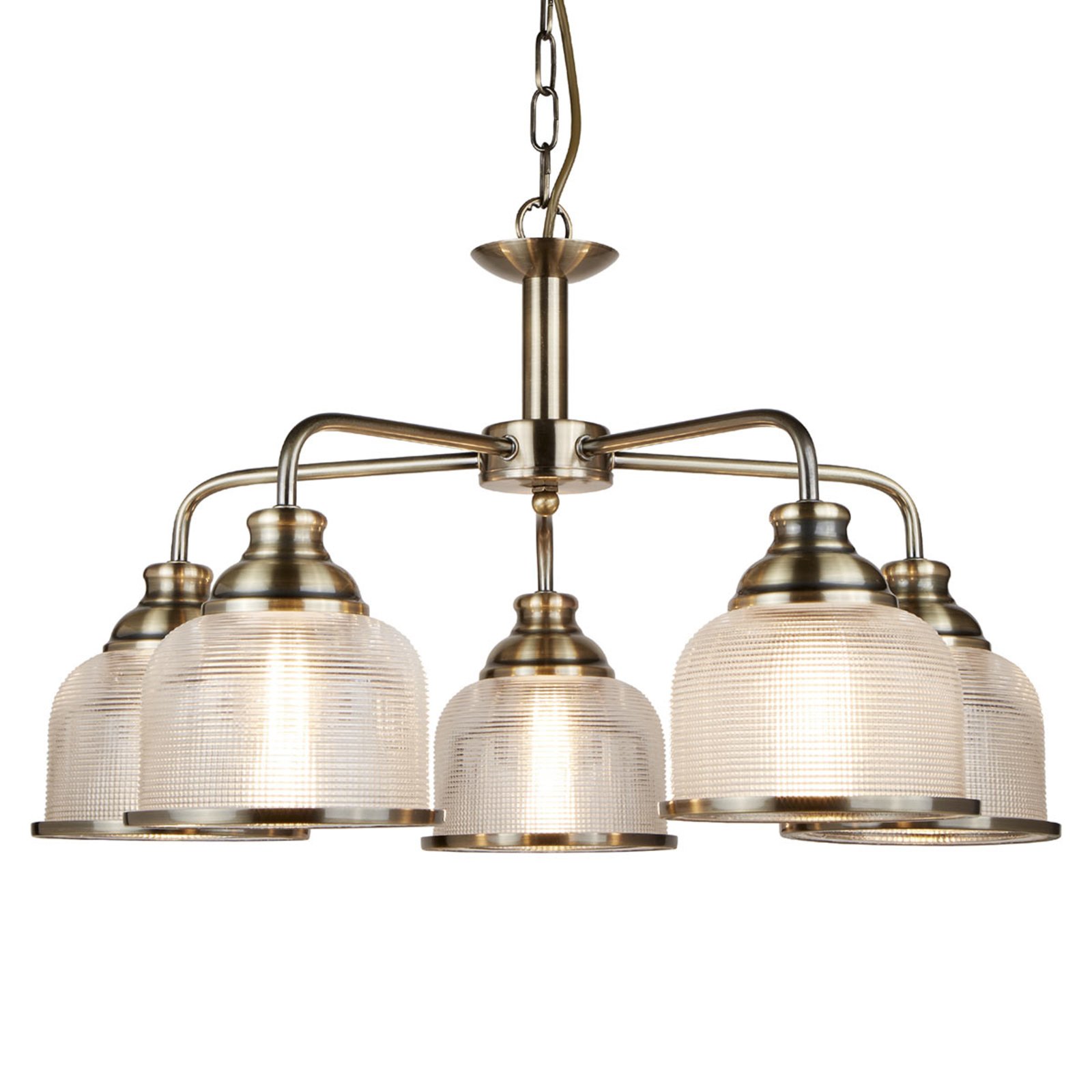 Searchlight Multi-bulb Bistro II hanging light, antique brass, for Living / Dining Room, metal, holophane glass, E27, 7 W, energy efficiency: A++