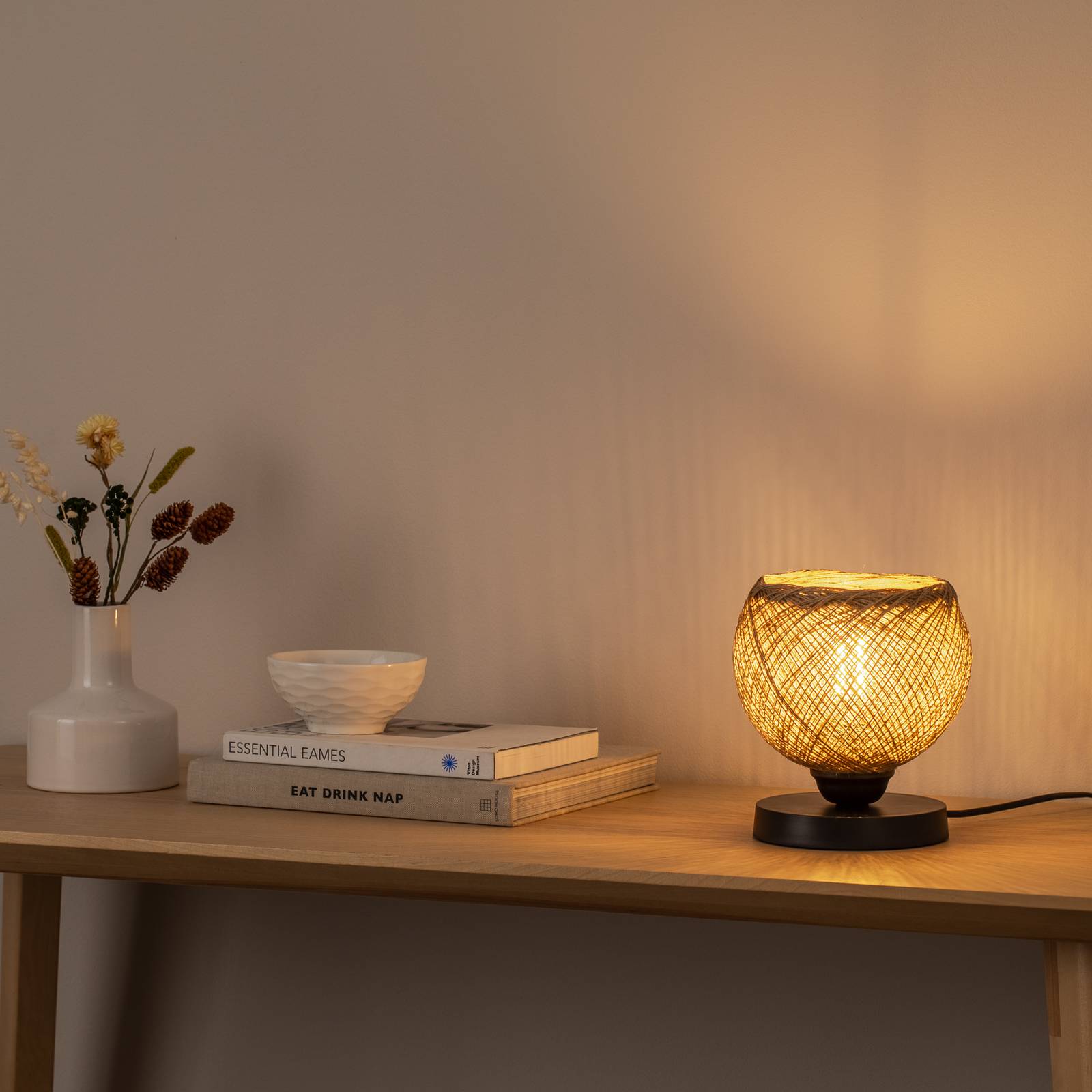 Tischleuchte Yumak, braun/schwarz, Ø 18 cm, Seil, Metall günstig online kaufen