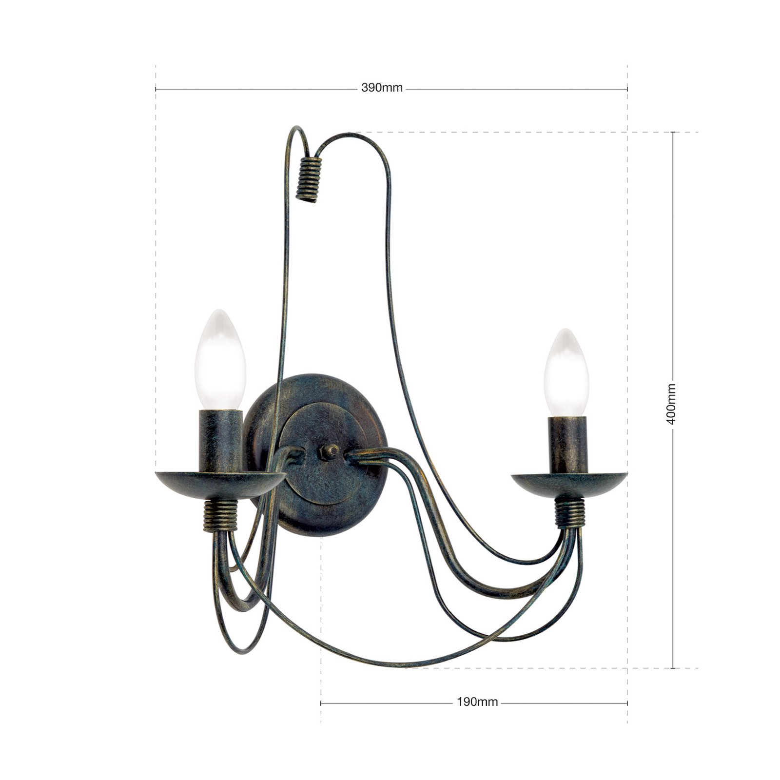 Wandlamp Vela, 2-lamps, zwart-groen antiek