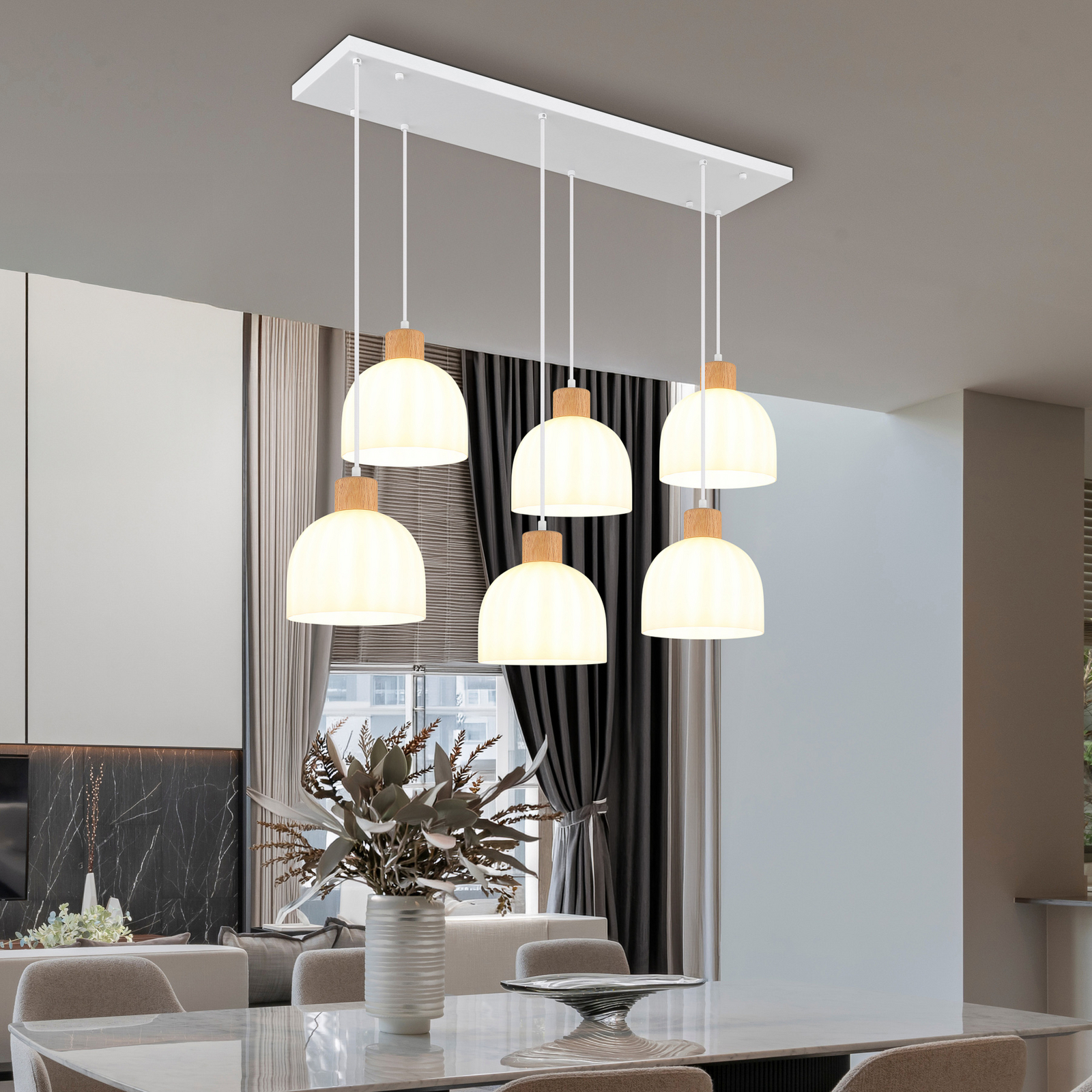 Lampă suspendată Swanson, lungime 105 cm, alb/maro, metal/lemn, 6 becuri Lampă suspendată Swanson, lungime 105 cm, alb/maro, metal/lemn, 6 becuri