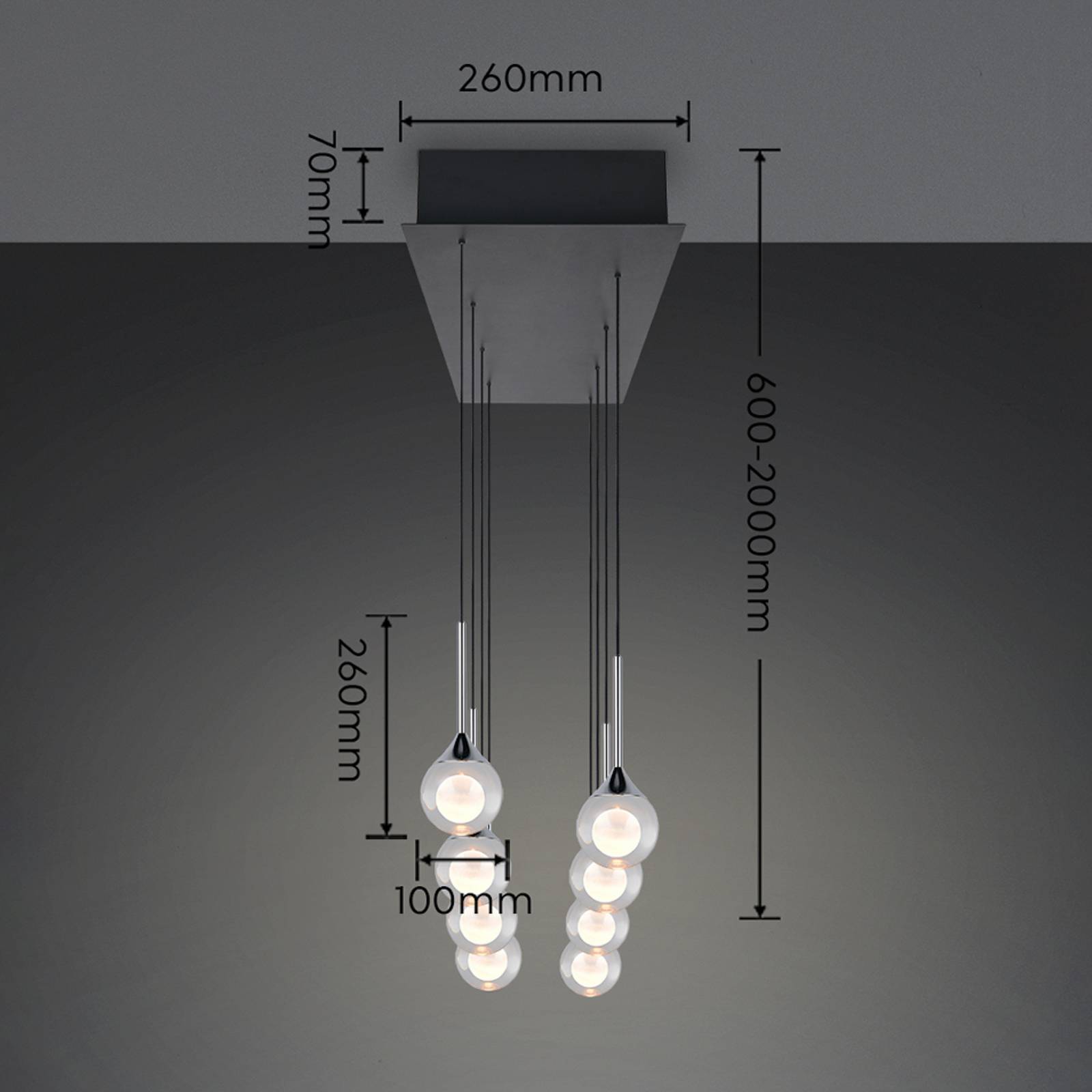LED-pendellampe Calista, krom, lengde 90 cm, metall/glass, 8 lyskilder