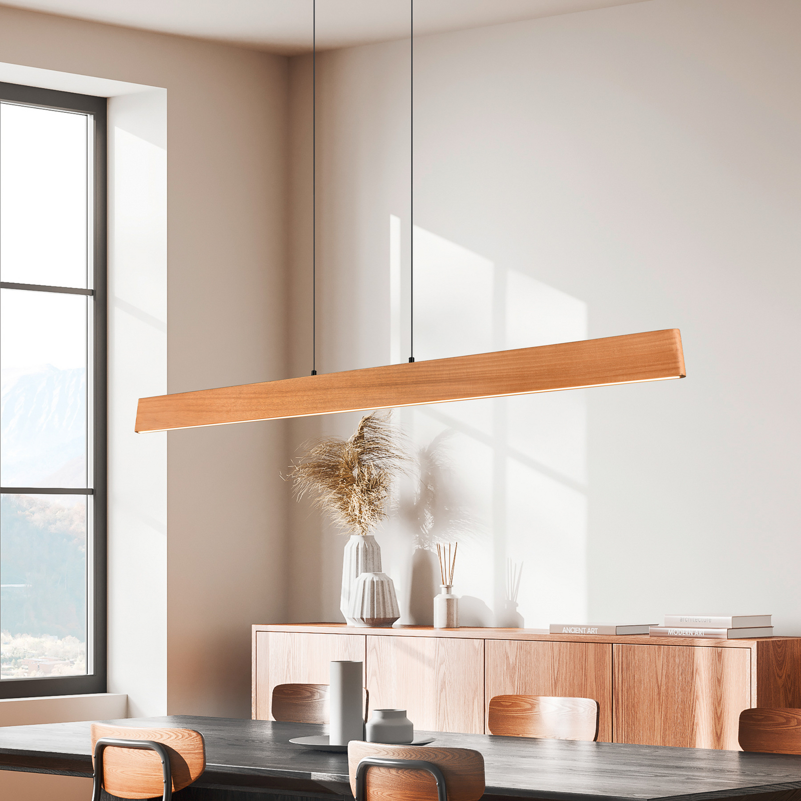 Edgewood LED függő lámpa, hossza 150 cm, fa színű fa, CCT