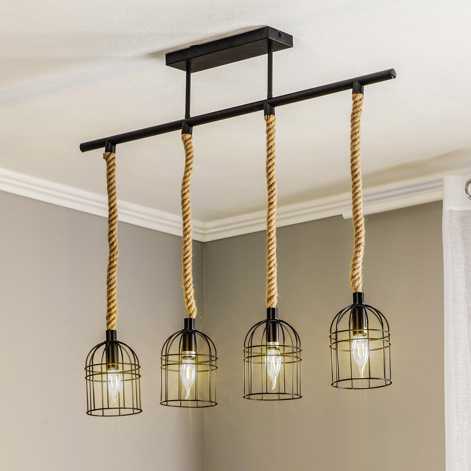 Lindby Kaya ceiling light, rope suspension 4-bulb