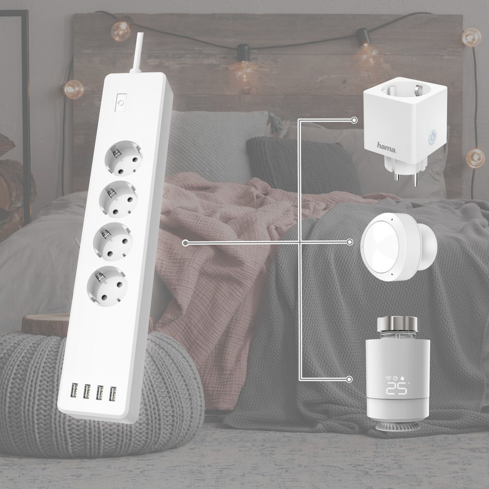 Hama išmanioji elektros lizdų juosta, 4 x 230 V, 4 x USB, WLAN
