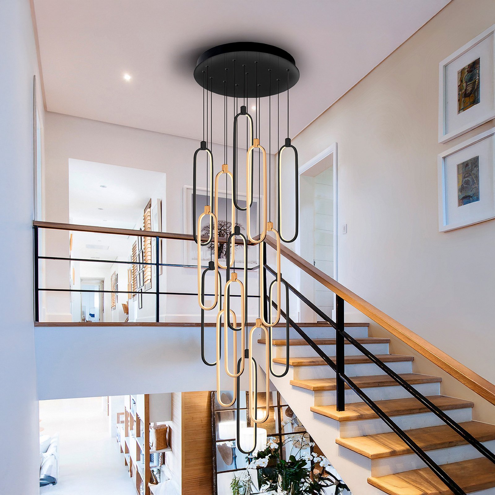 Colette LED pendant light, 14 lights, black/rose gold, round
