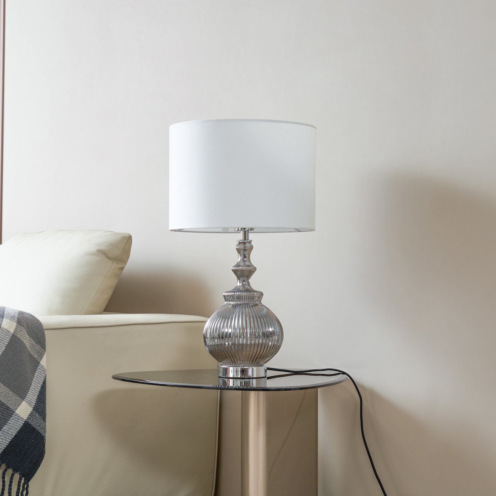 Lindby table lamp Loraine, white/grey, glass, Ø 33 cm, E27