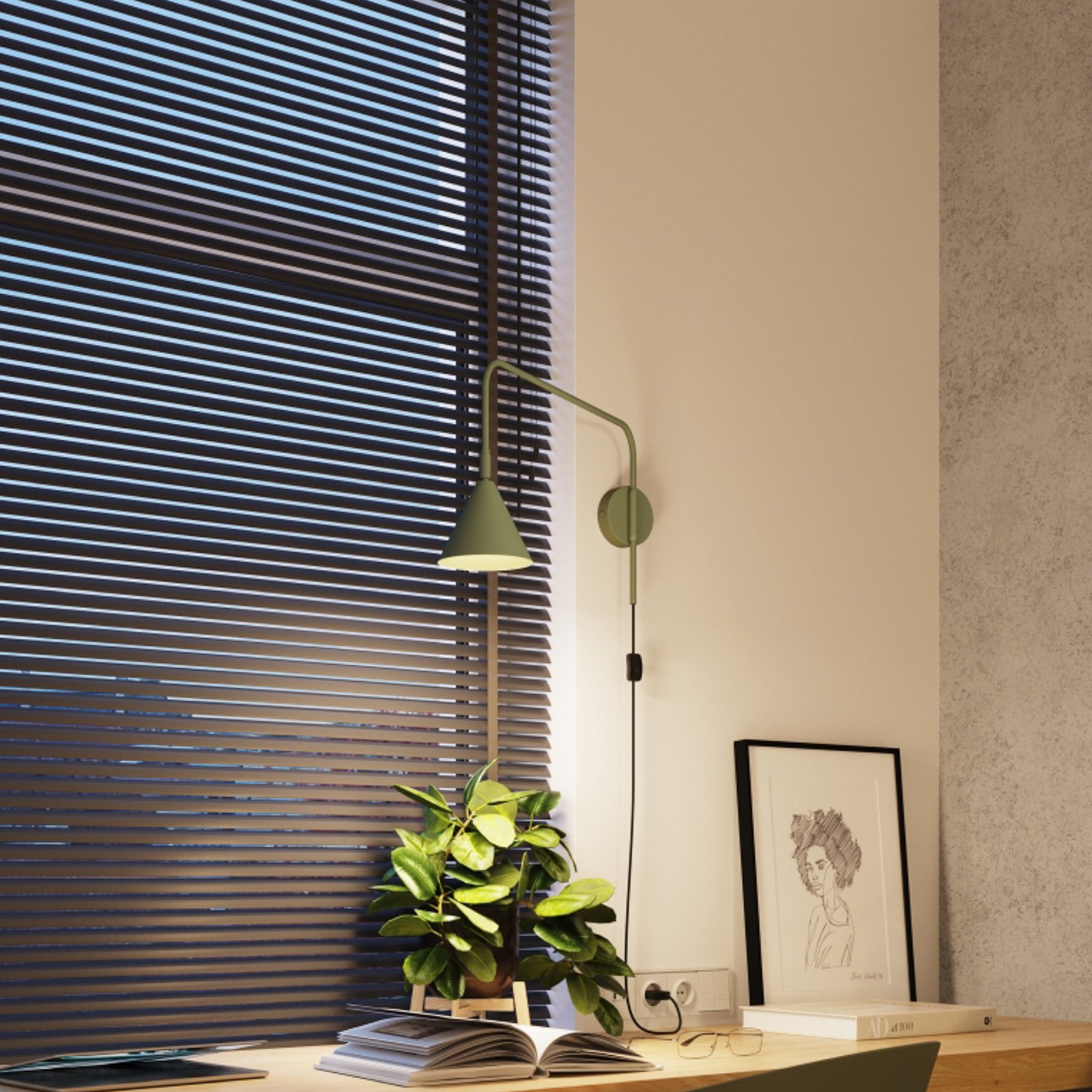 Wandleuchte LYS, olivgrün, Ø 14 cm, Metall, Stecker, E14