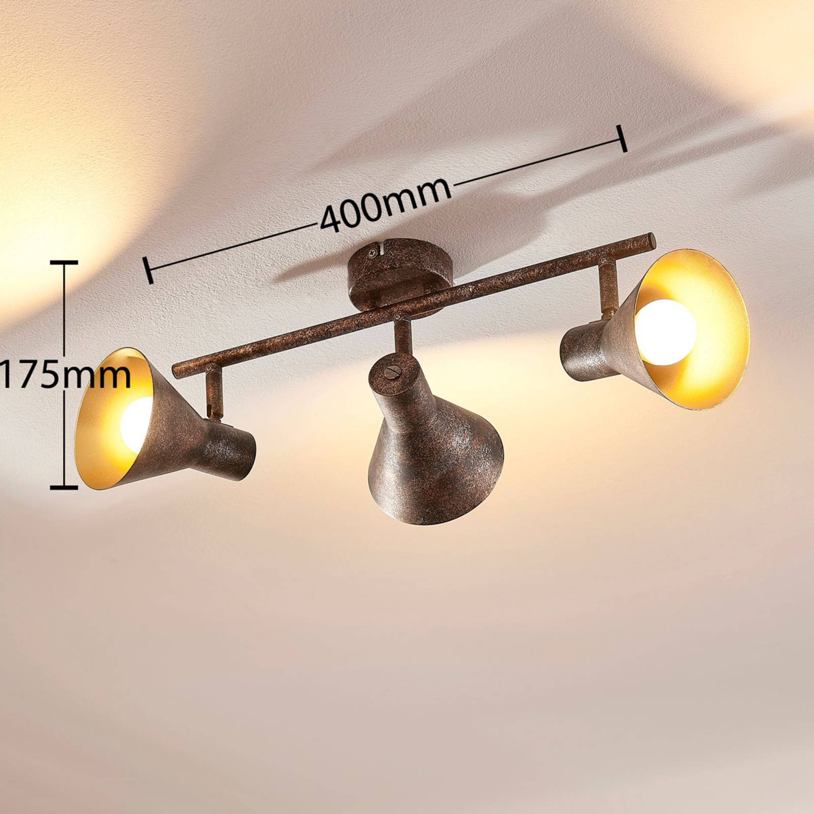 Lampa sufitowa Lindby Zera, 3-punktowa, kolor rdzawy, długość 40 cm