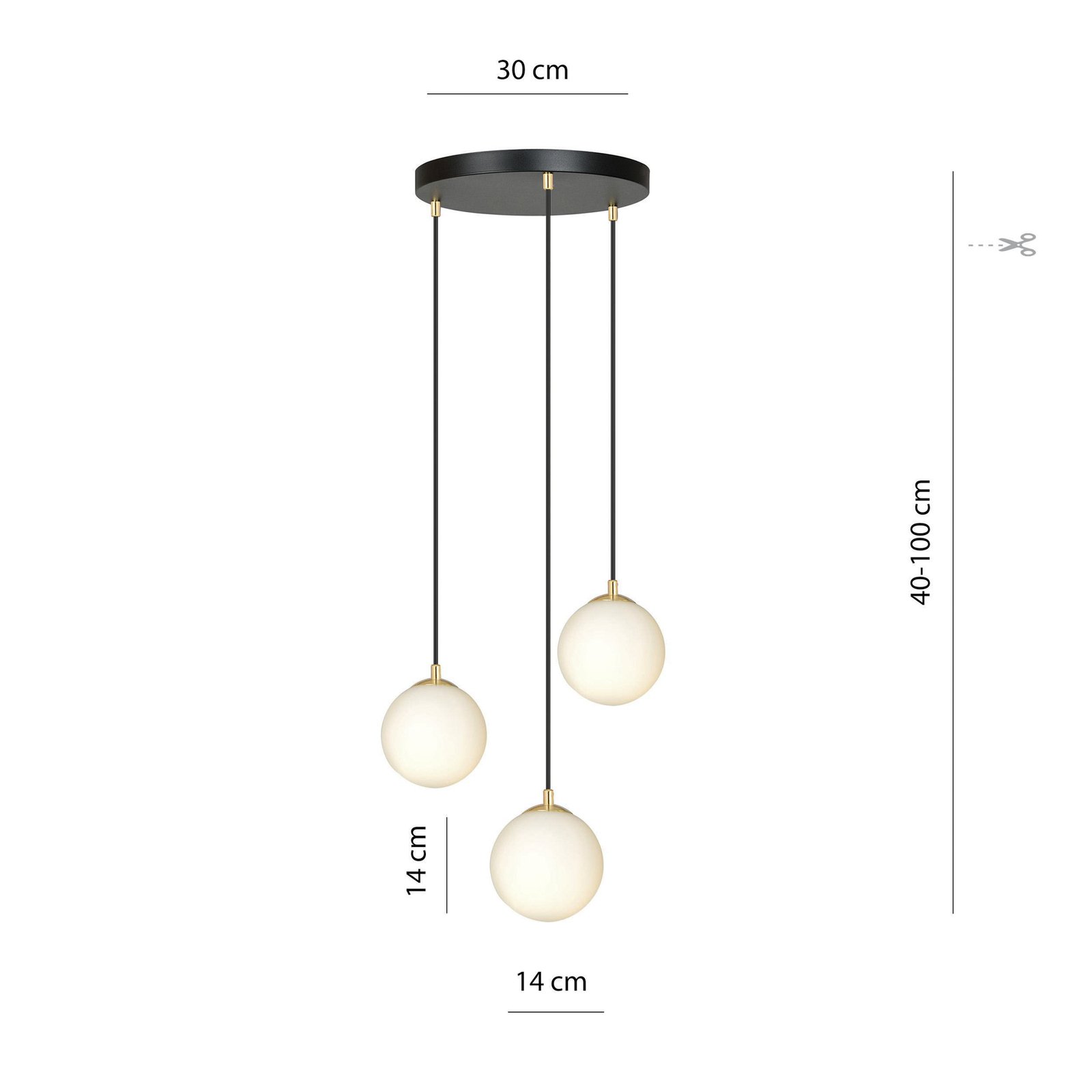 Suspension Royal, 3 lampes, blanc opalin/noir, verre, E14