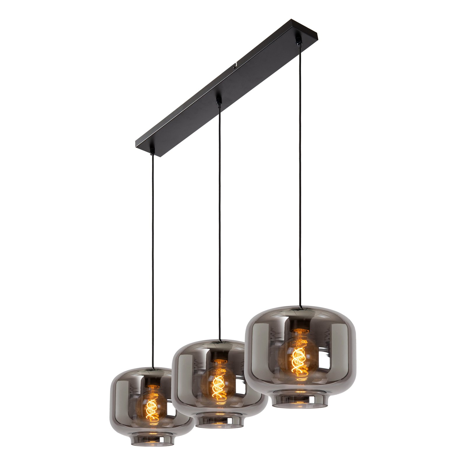 Medine pendant light, smoke grey, angular, glass, 3-bulb, E27