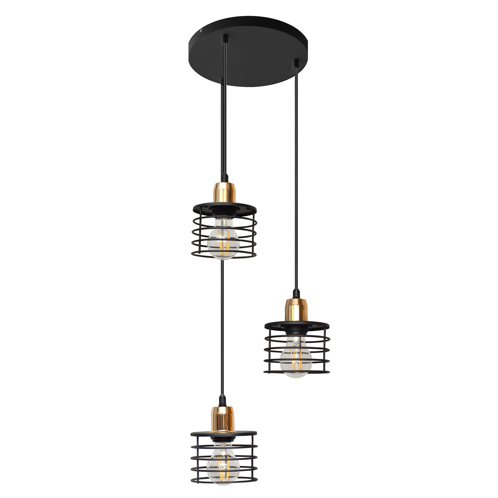 HELam Edison hanging lamp in black/copper, 3-bulb round, for Living / Dining Room, iron, E27, 60 W, energy efficiency: A++