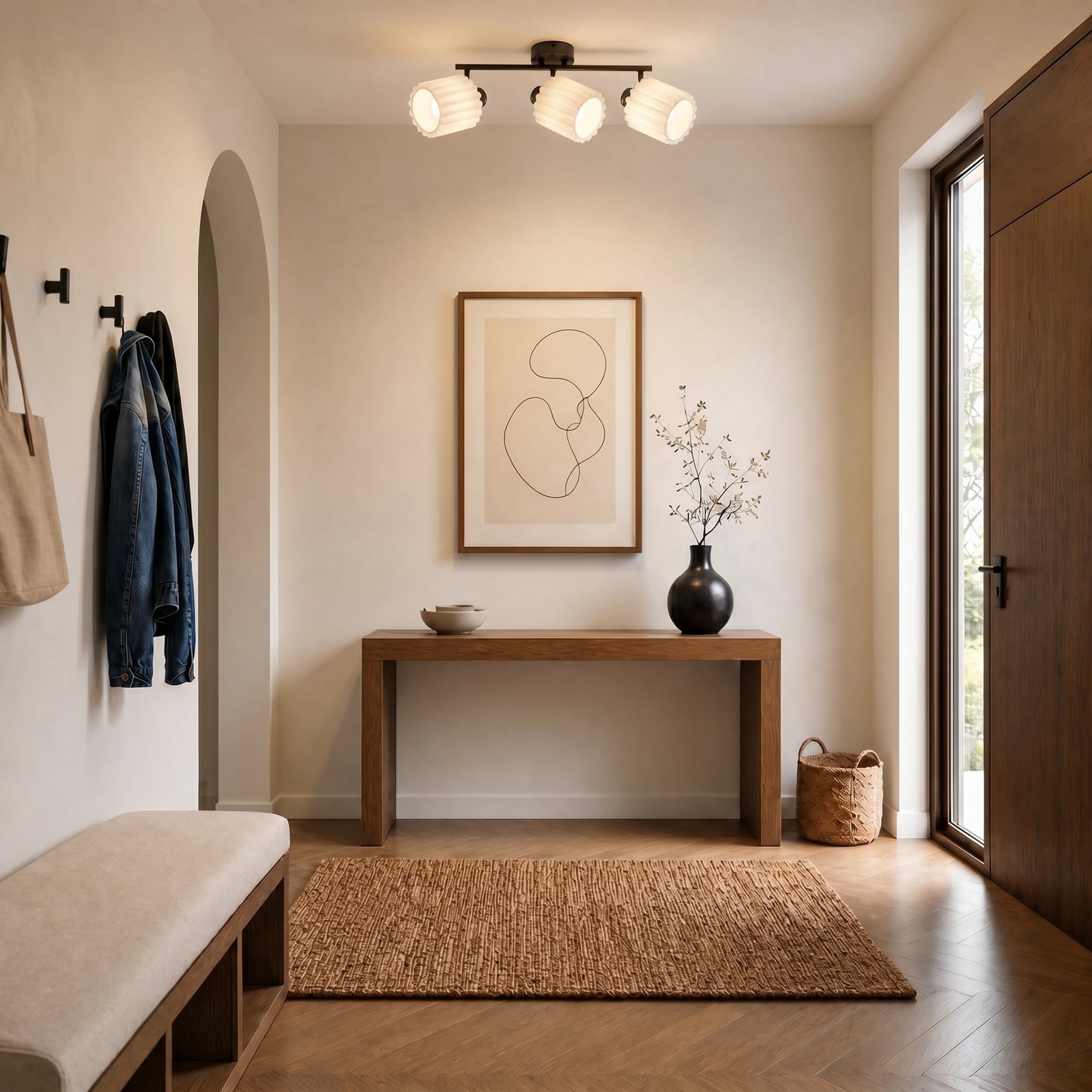 Lindby plafondspot Shiloh, 3-lamps, walnoot/beige, hout Lindby plafondspot Shiloh, 3-lamps, walnoot/beige, hout
