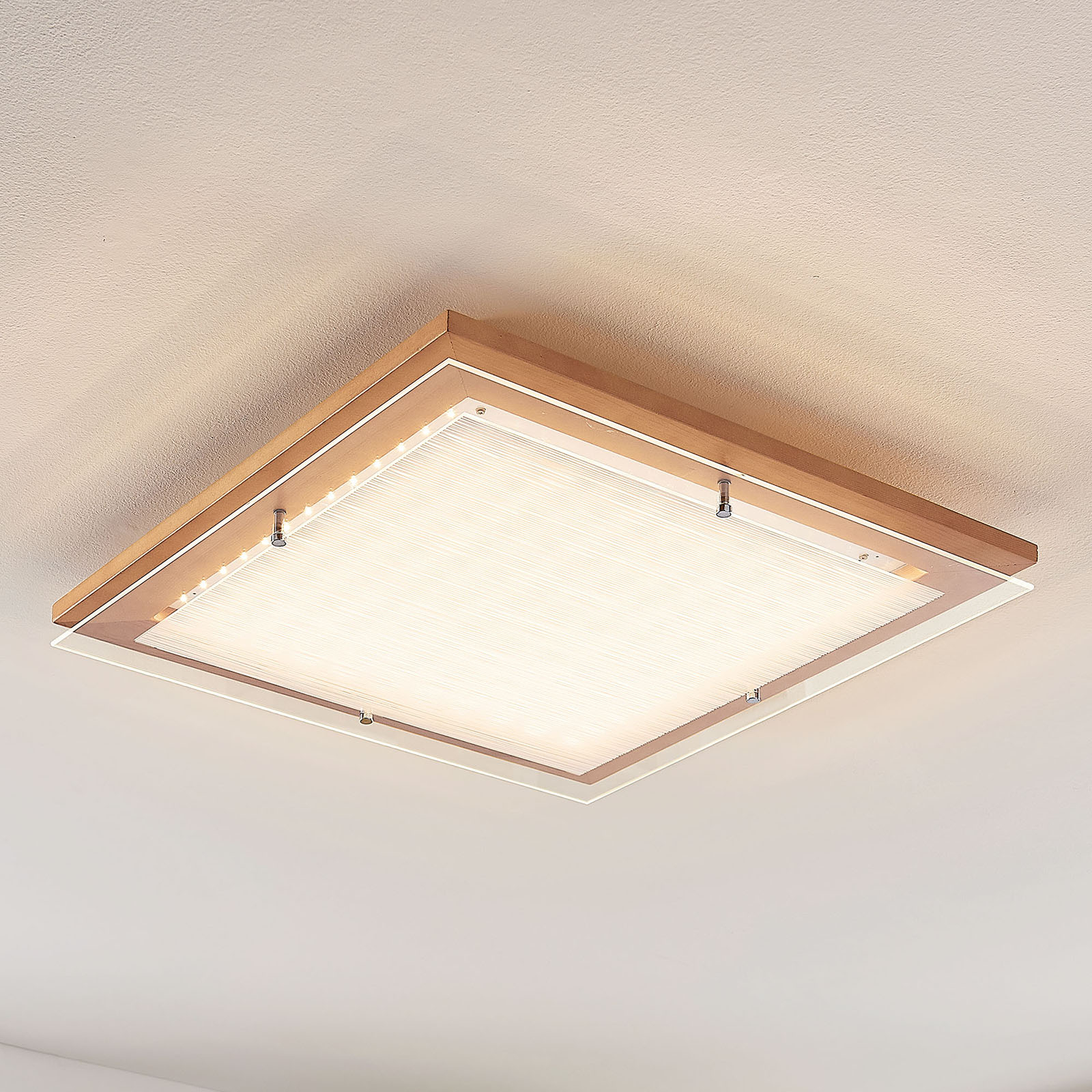 Cattleya wooden LED ceiling light, 52 cm, Lampenwelt.com, for Living / Dining Room, wood, glass, metal, 26.6 W, energy efficiency: A+, L: 32 cm, W: 32 cm, H: 8 cm