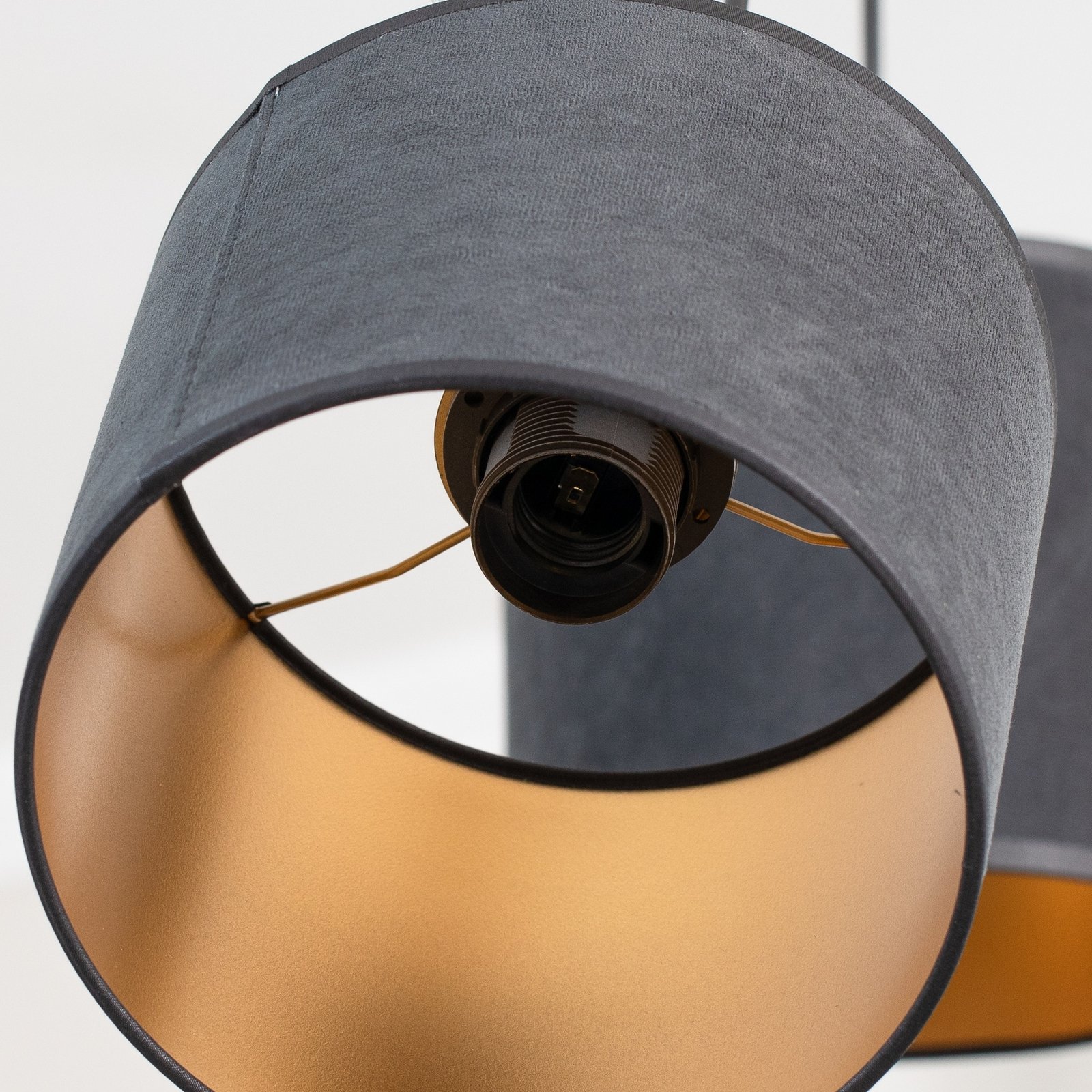 Jari hanging light, fabric shade, 3-bulb, round, black and gold