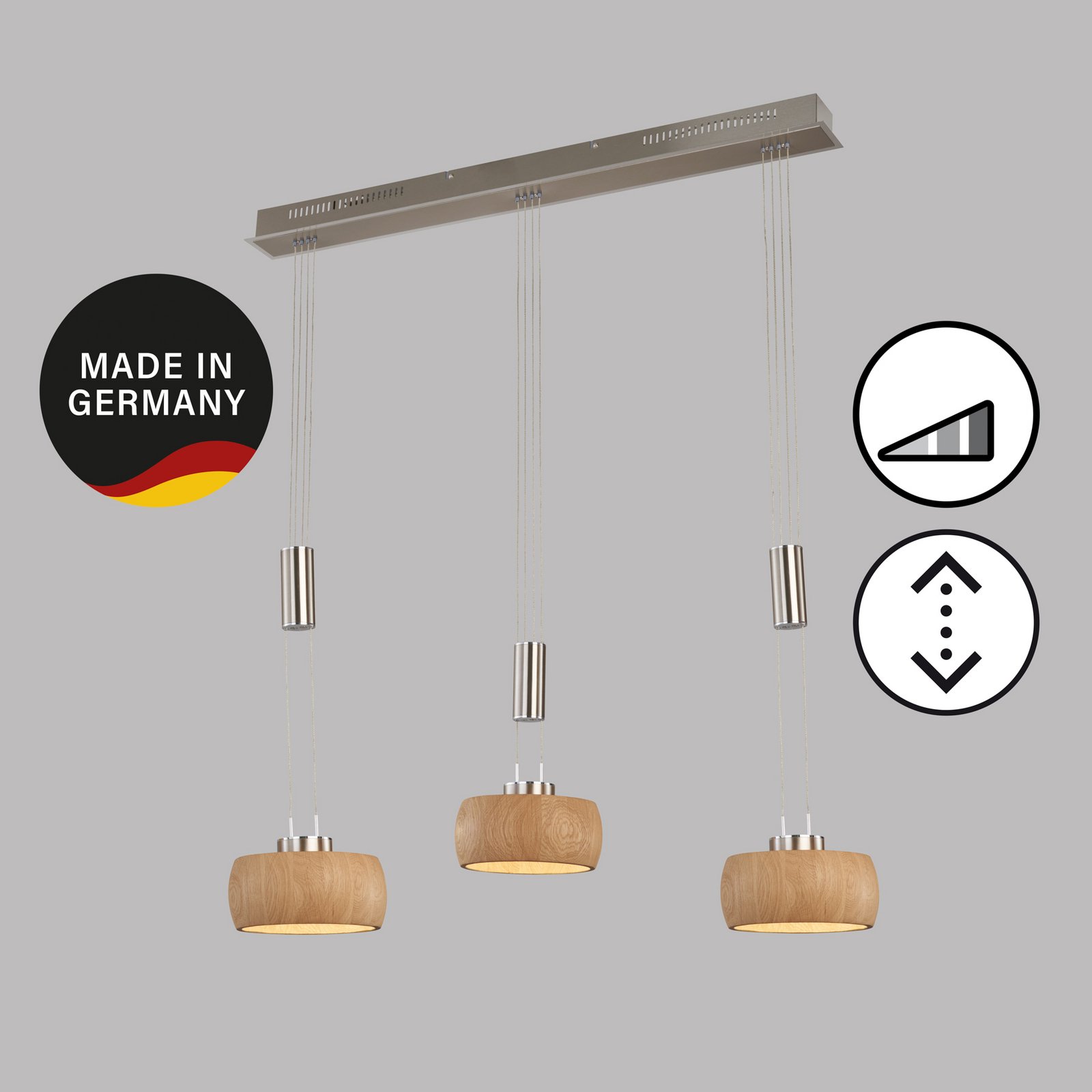 LED-Hängelampe Shine-Wood, Eiche/nickel, Länge 100 cm 3-flg.